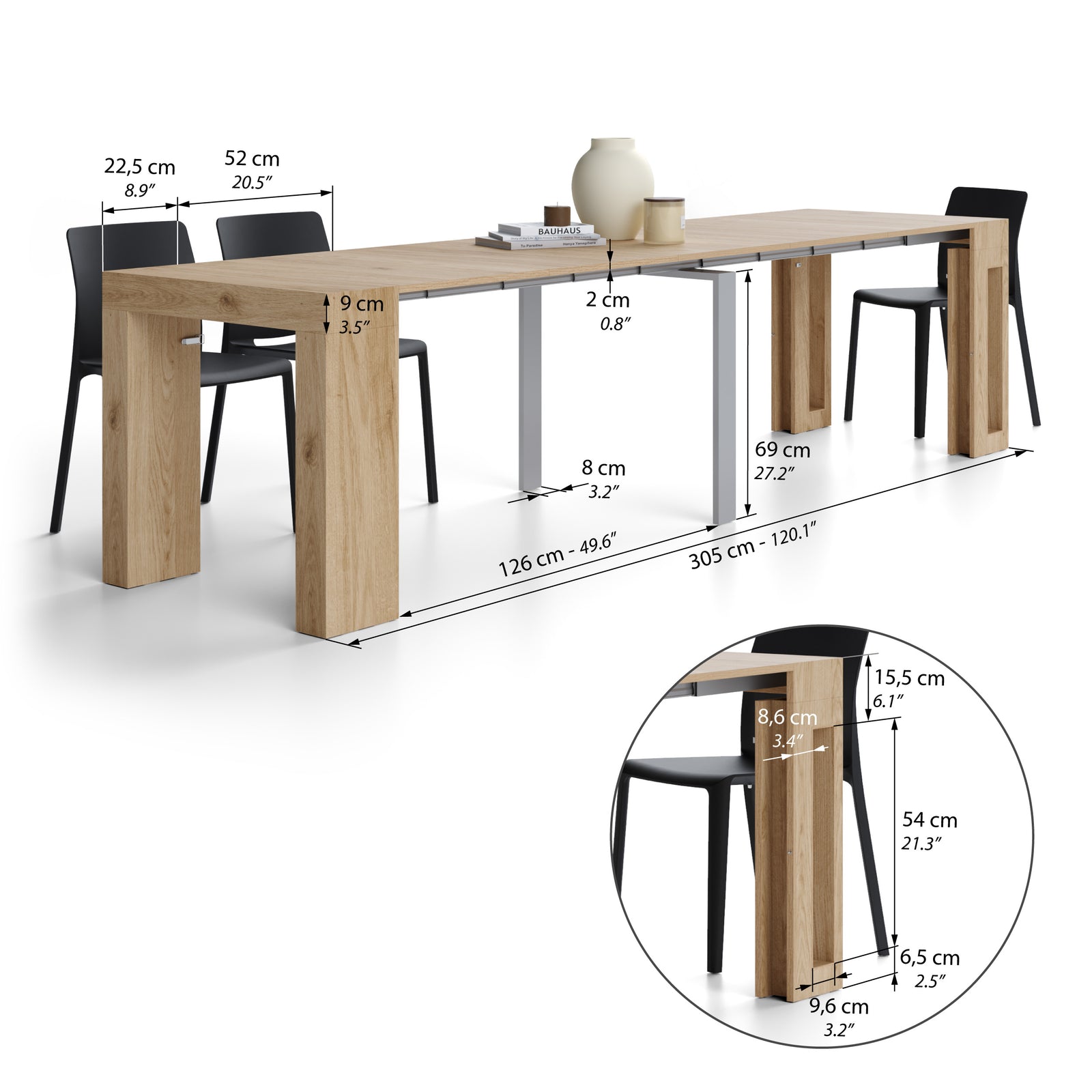 Mesa Consola Extensível com porta-extensões Evolution 45(305)x80 cm, Carvalho Natural - Immagine tecnica 2