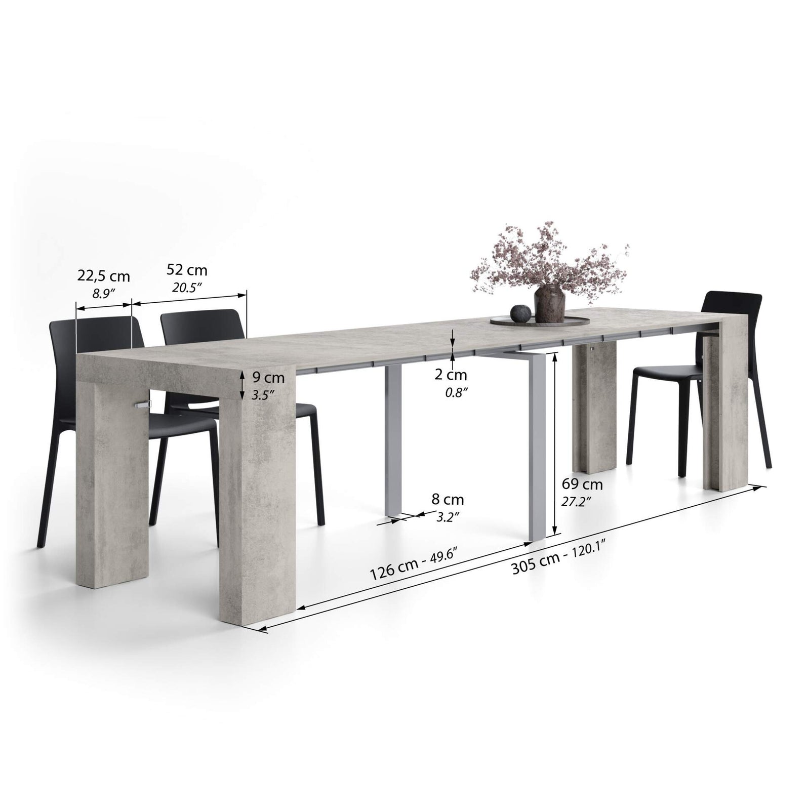 Mesa consola extensible Evolution, 45(305)x80 cm, Cemento gris - Immagine tecnica 2