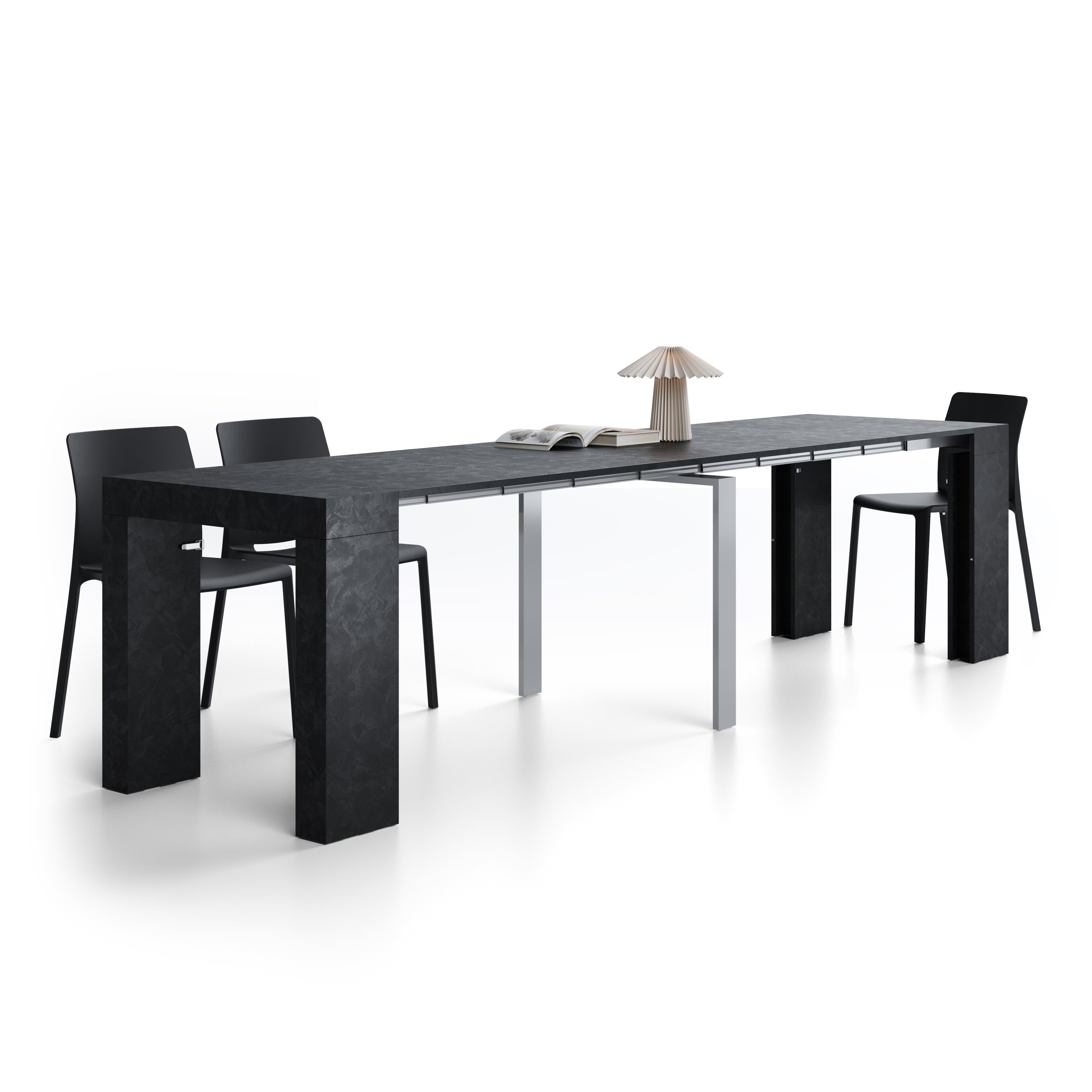 Evolution, ausziehbarer Konsolentisch, 45(305)x80 cm, Schwarzer Beton