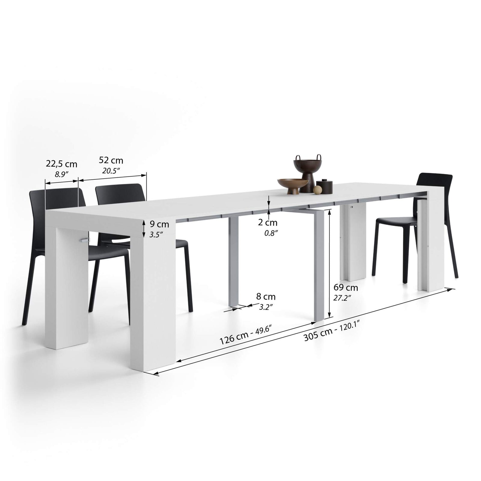 Table Console Extensible Evolution, 45(305)x80 cm, Frêne Blanc - Immagine tecnica 2