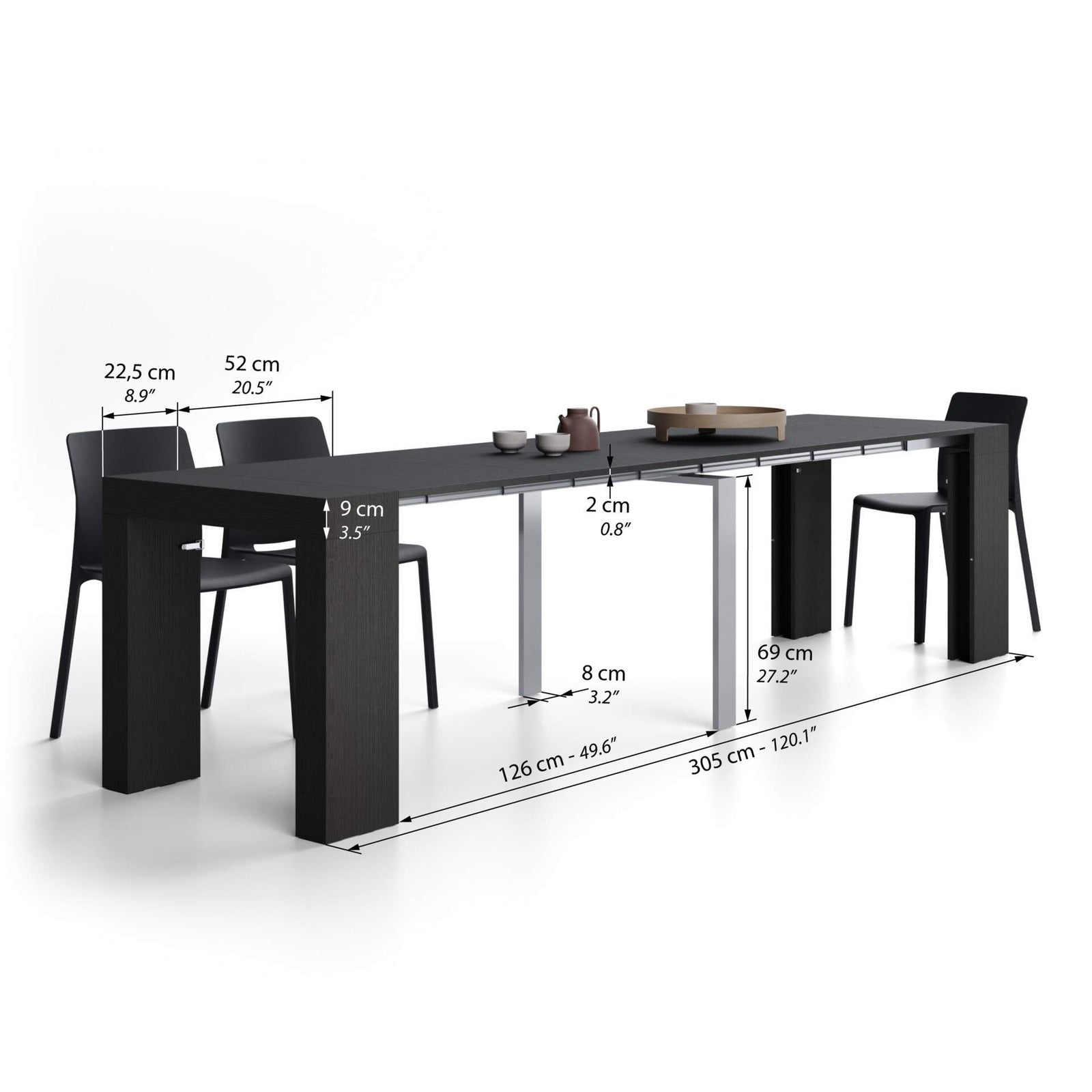 Uitschuifbare Consoletafel Evolution, 45(305)x80 cm, Zwart Essen - Immagine tecnica 2