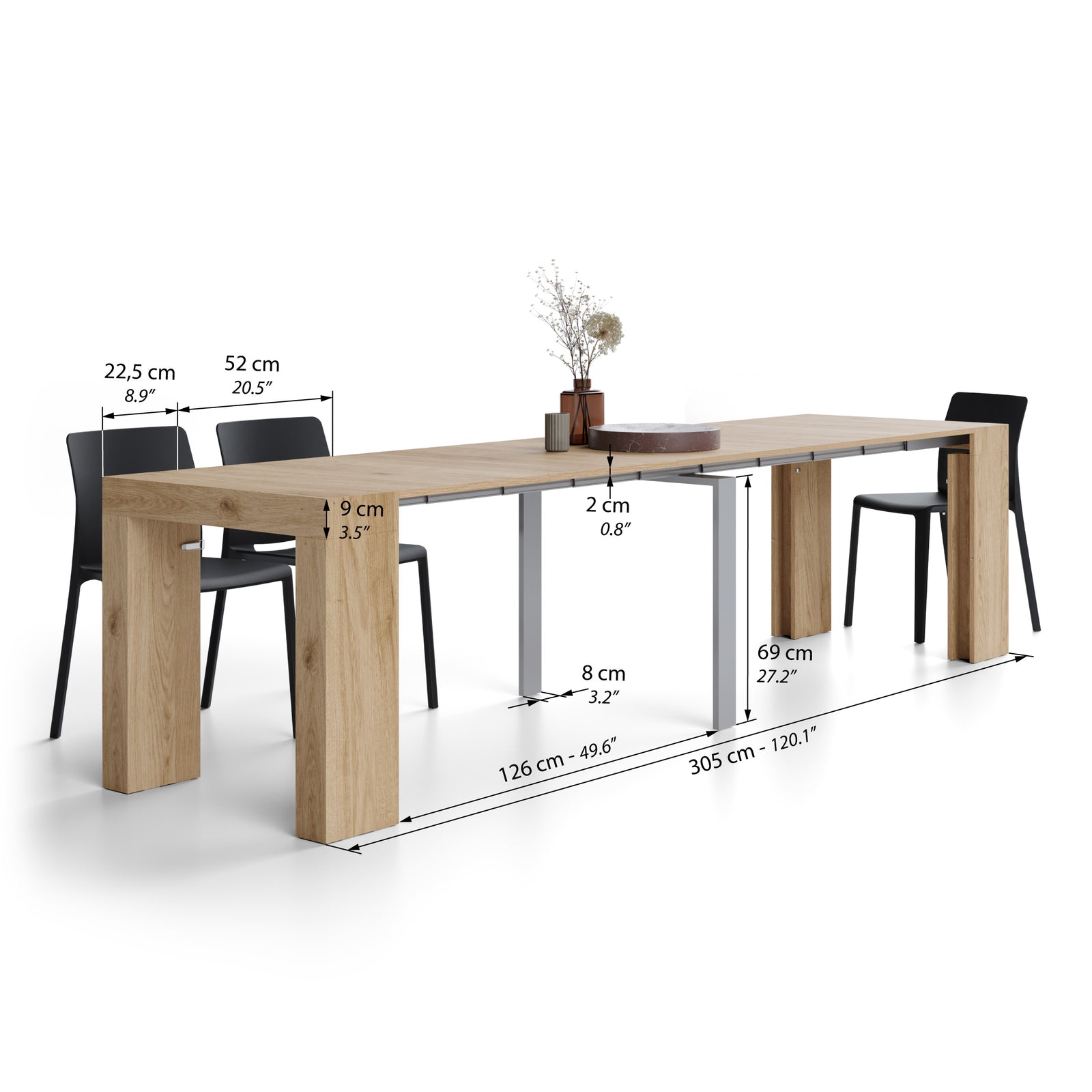 Table Console Extensible Evolution, 45(305)x80 cm, Chêne Clair - Immagine tecnica 2