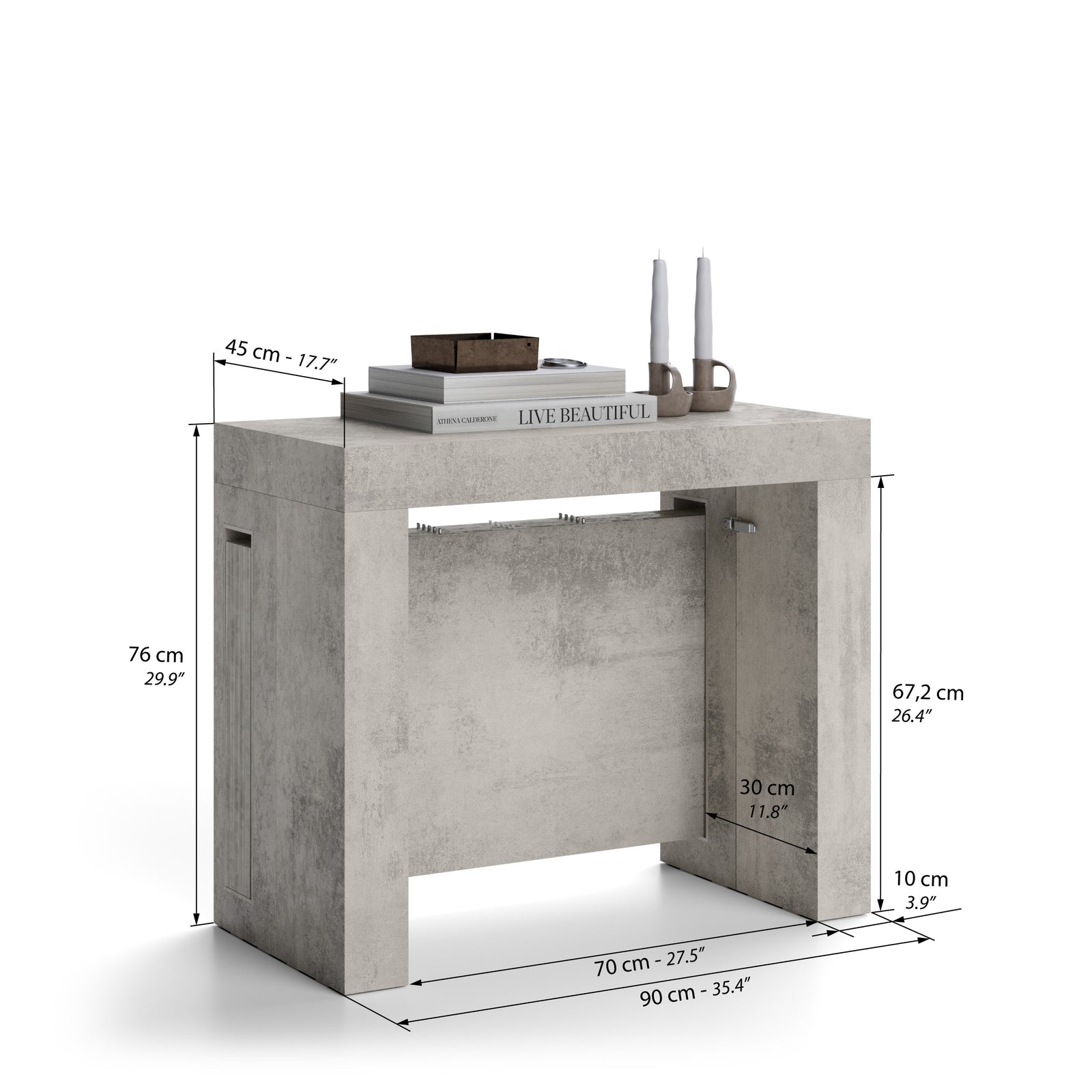 Tavolo Consolle Allungabile con Porta Allunghe Evolution, 45(305)x90, Grigio Cemento - Immagine tecnica 1