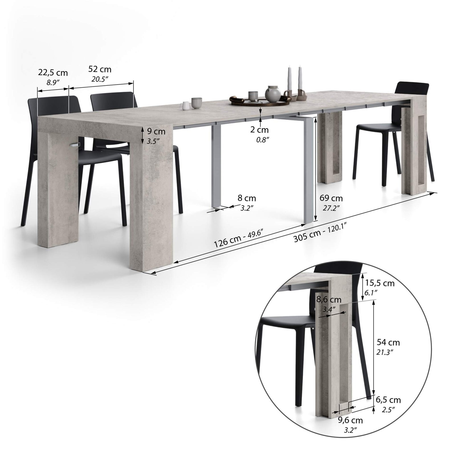 Evolution, ausziehbarer Konsolentisch mit Halterung für Verlängerungsplatten, 45(305)x90 cm, Grauer Beton - Immagine tecnica 2