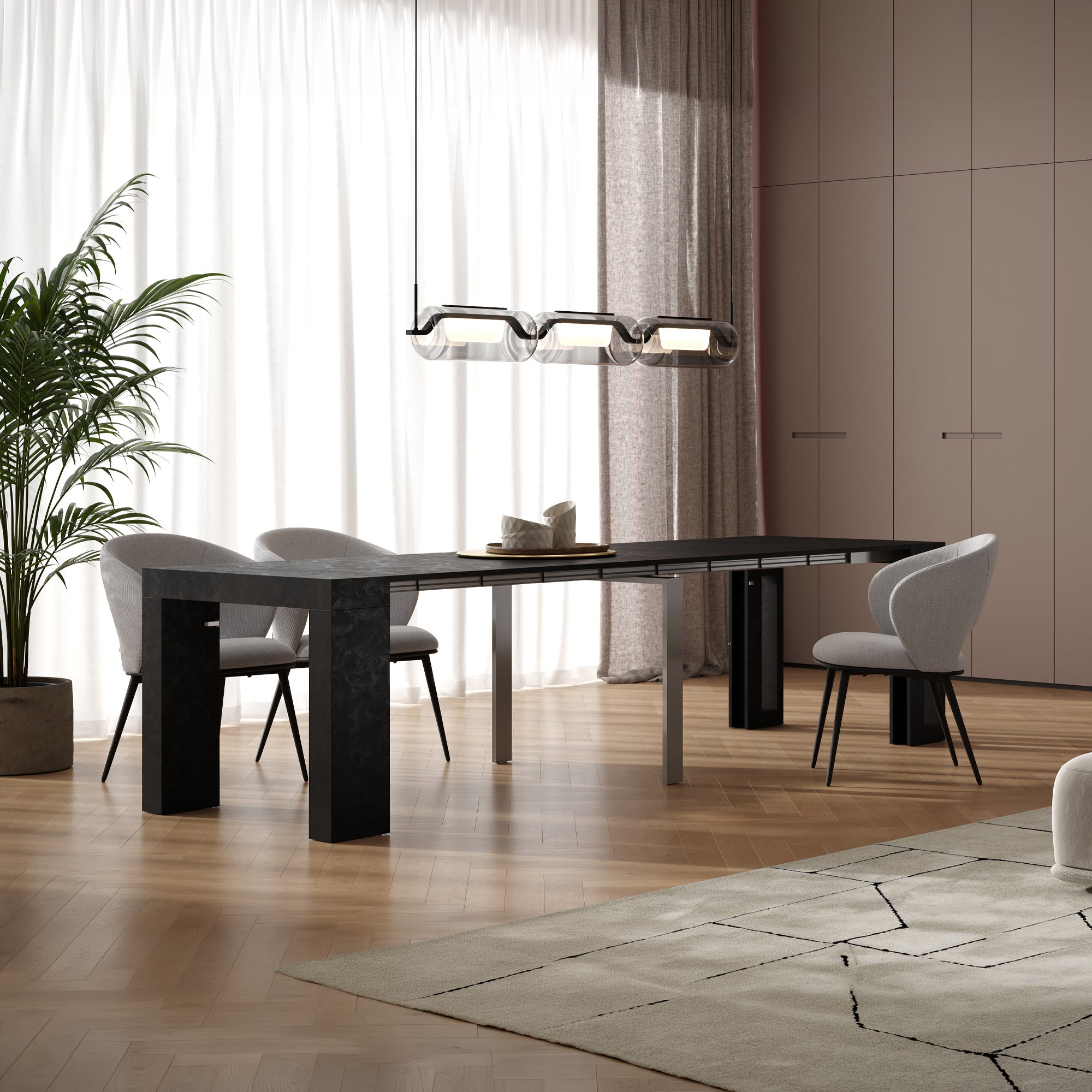 Evolution, ausziehbarer Konsolentisch mit Halterung für Verlängerungsplatten, 45(305)x80 cm, Schwarzer Beton - Set image 1