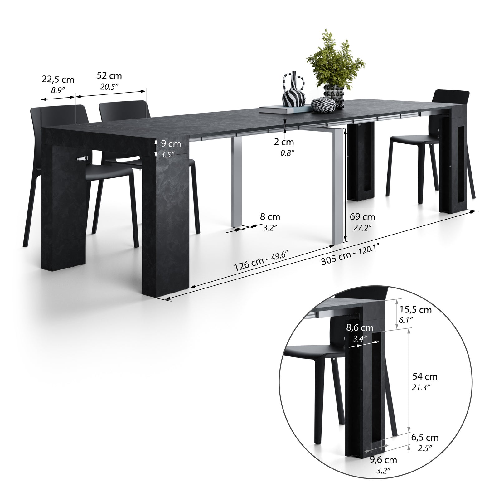 Evolution, ausziehbarer Konsolentisch mit Halterung für Verlängerungsplatten, 45(305)x90 cm, Schwarzer Beton - Immagine tecnica 2