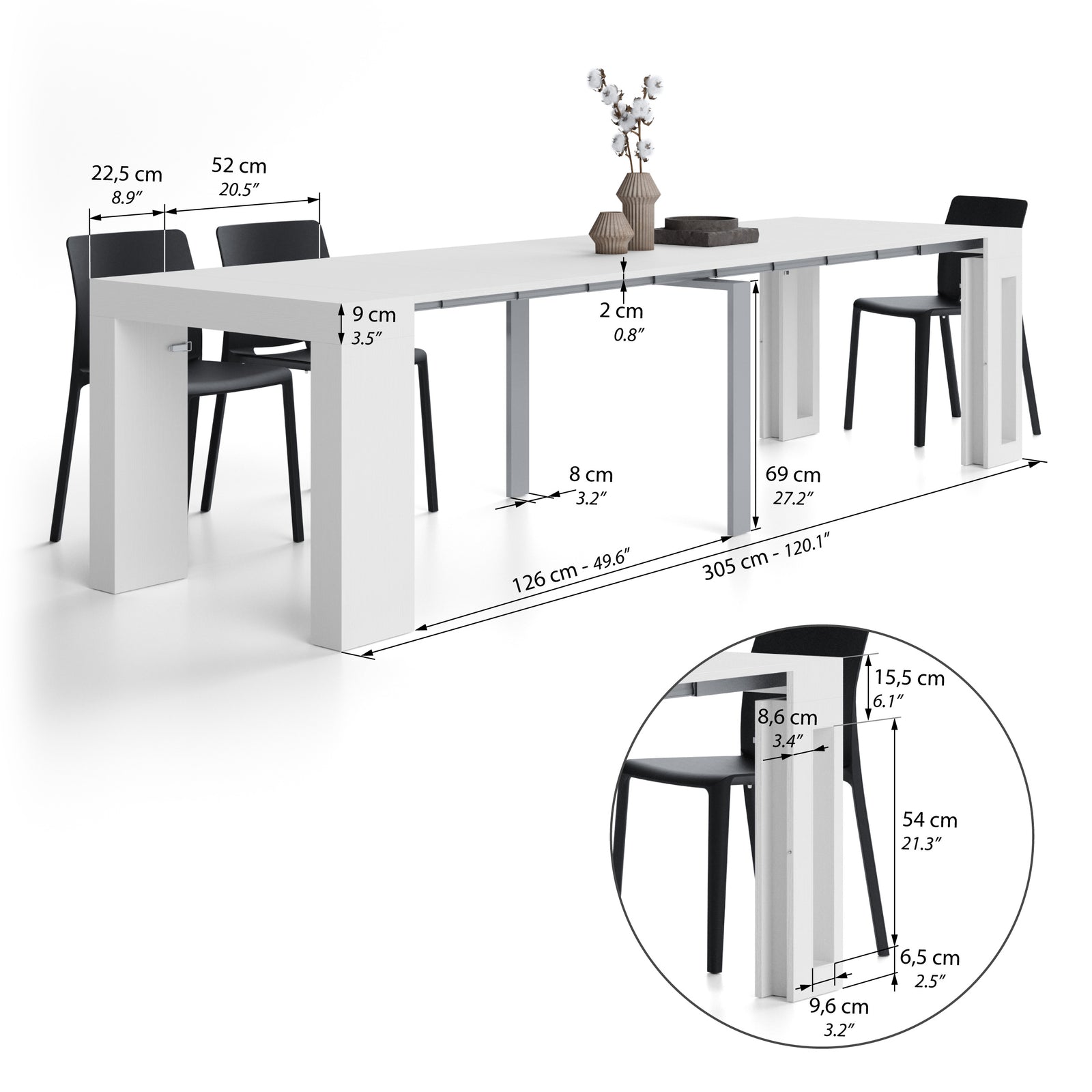Uitschuifbare Consoletafel met eenvoudige verlengstukhouder Evolution, 45(305)x90 cm, Wit Essen - Immagine tecnica 2