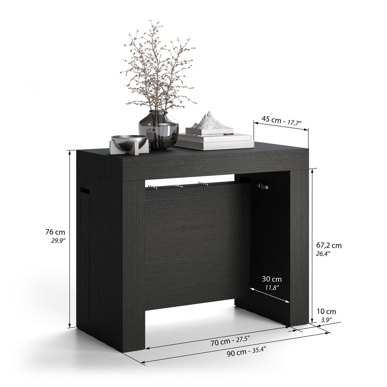 Mesa Consola Extensível com porta-extensões Evolution 45(305)x90 cm, Freixo Preto - Immagine tecnica 1