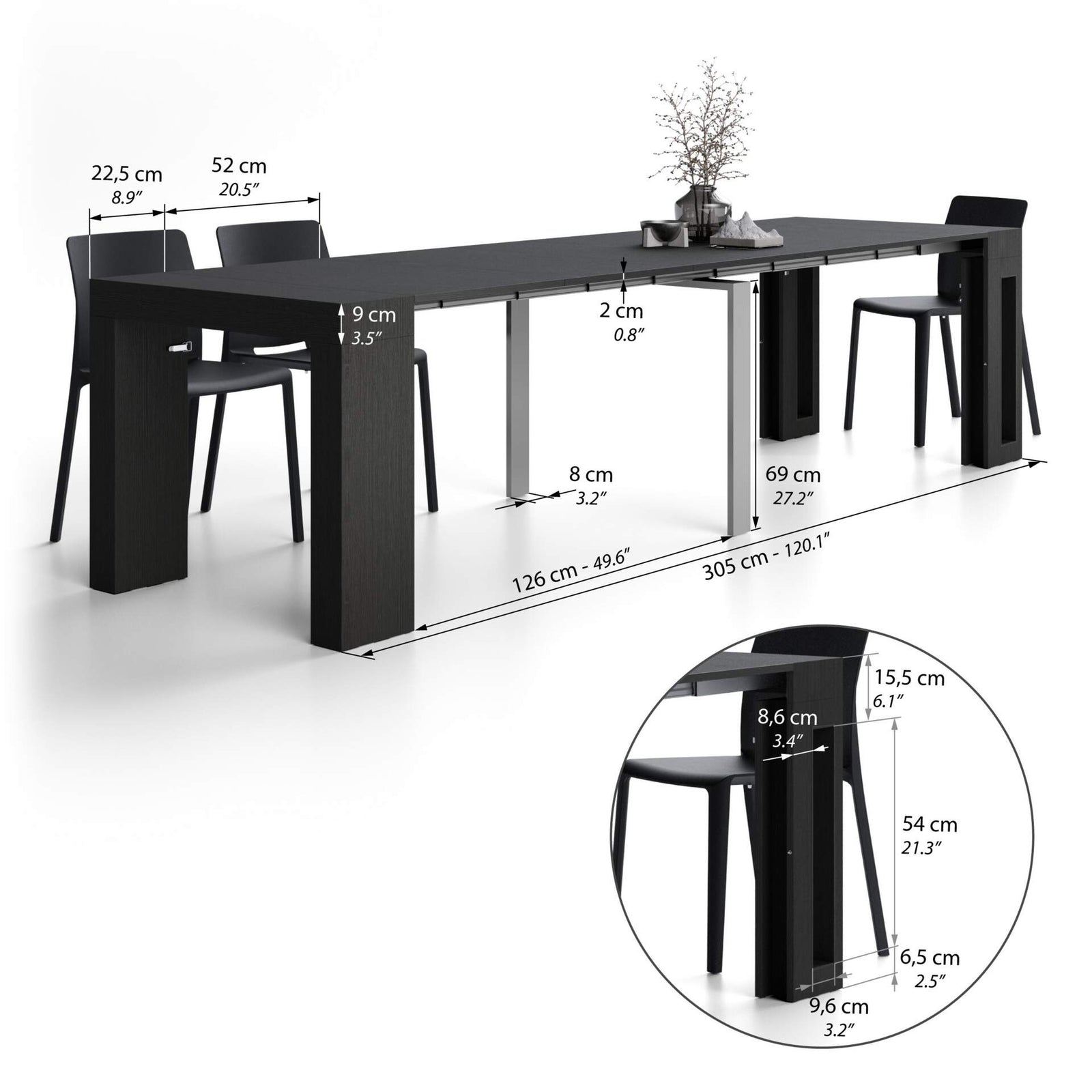 Evolution, ausziehbarer Konsolentisch mit Halterung für Verlängerungsplatten, 45(305)x90 cm, Esche, Schwarz - Immagine tecnica 2