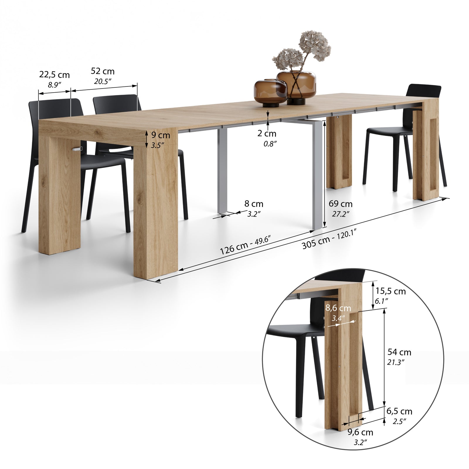 Mesa Consola Extensível com porta-extensões Evolution 45(305)x90 cm, Carvalho Natural - Immagine tecnica 2