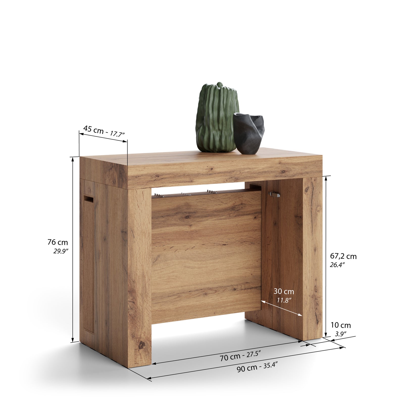 Uitschuifbare Consoletafel met eenvoudige verlengstukhouder Evolution, 45(305)x90 cm, Rustiek Eiken - Immagine tecnica 1
