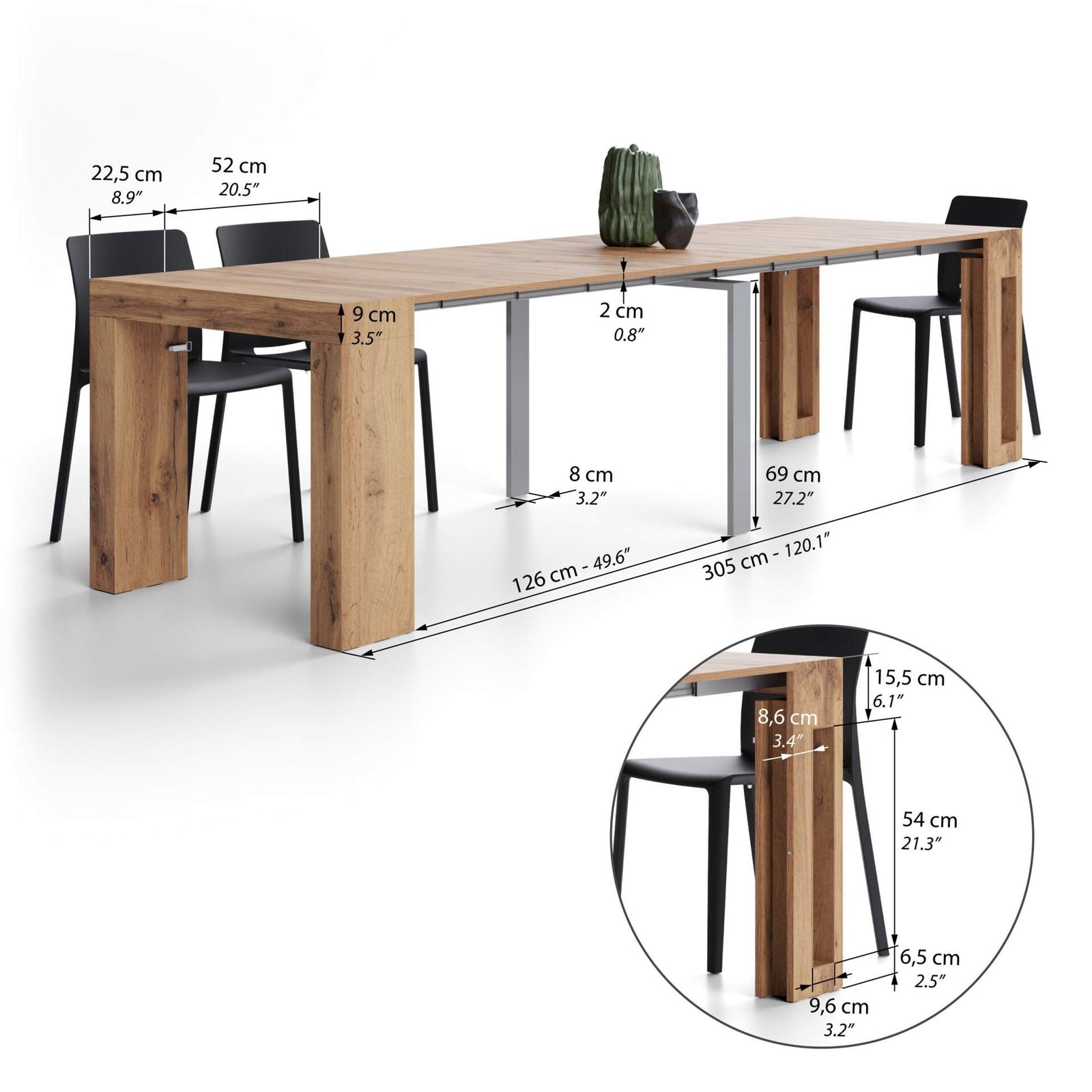 Evolution, ausziehbarer Konsolentisch mit Halterung für Verlängerungsplatten, 45(305)x90 cm, rustikale Eiche - Immagine tecnica 2