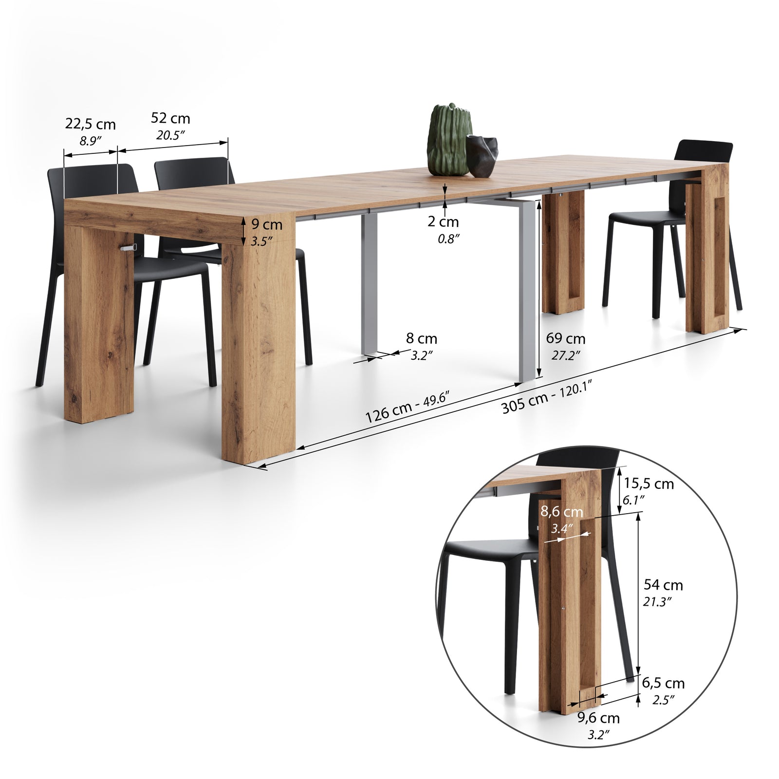 Uitschuifbare Consoletafel met eenvoudige verlengstukhouder Evolution, 45(305)x90 cm, Rustiek Eiken - Immagine tecnica 2