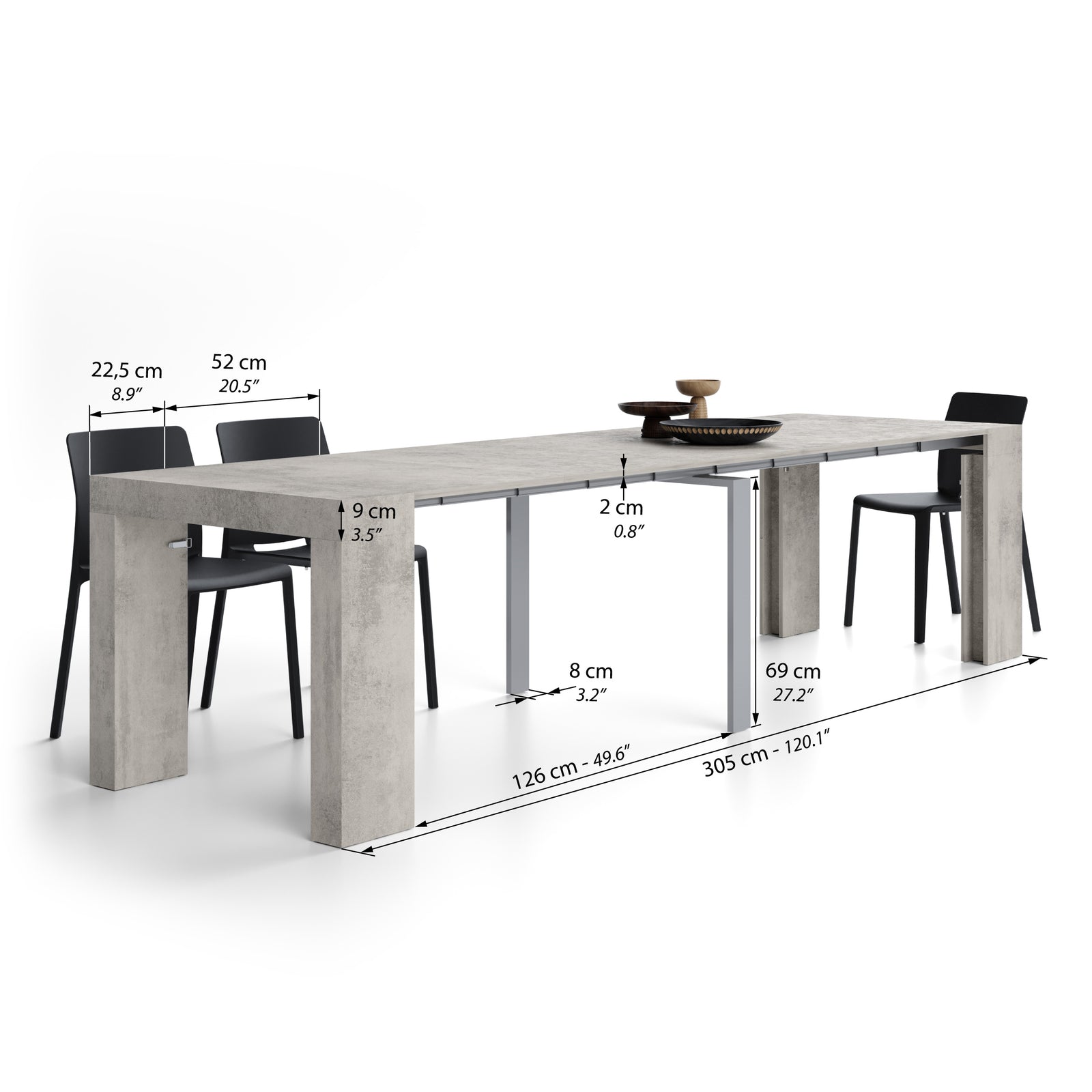 Evolution, ausziehbarer Konsolentisch, 45(305)x90 cm, Grauer Beton - Immagine tecnica 2