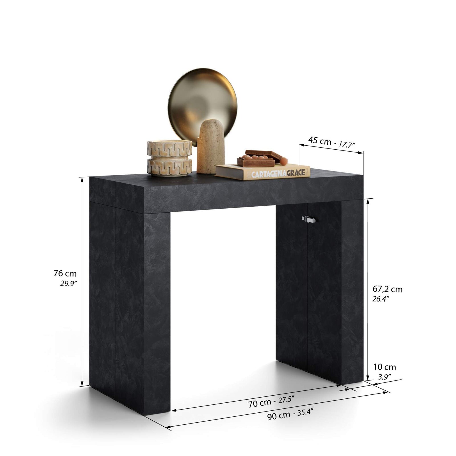 Table Console Extensible Evolution, 45(305)x90 cm, Noir Béton - Immagine tecnica 1