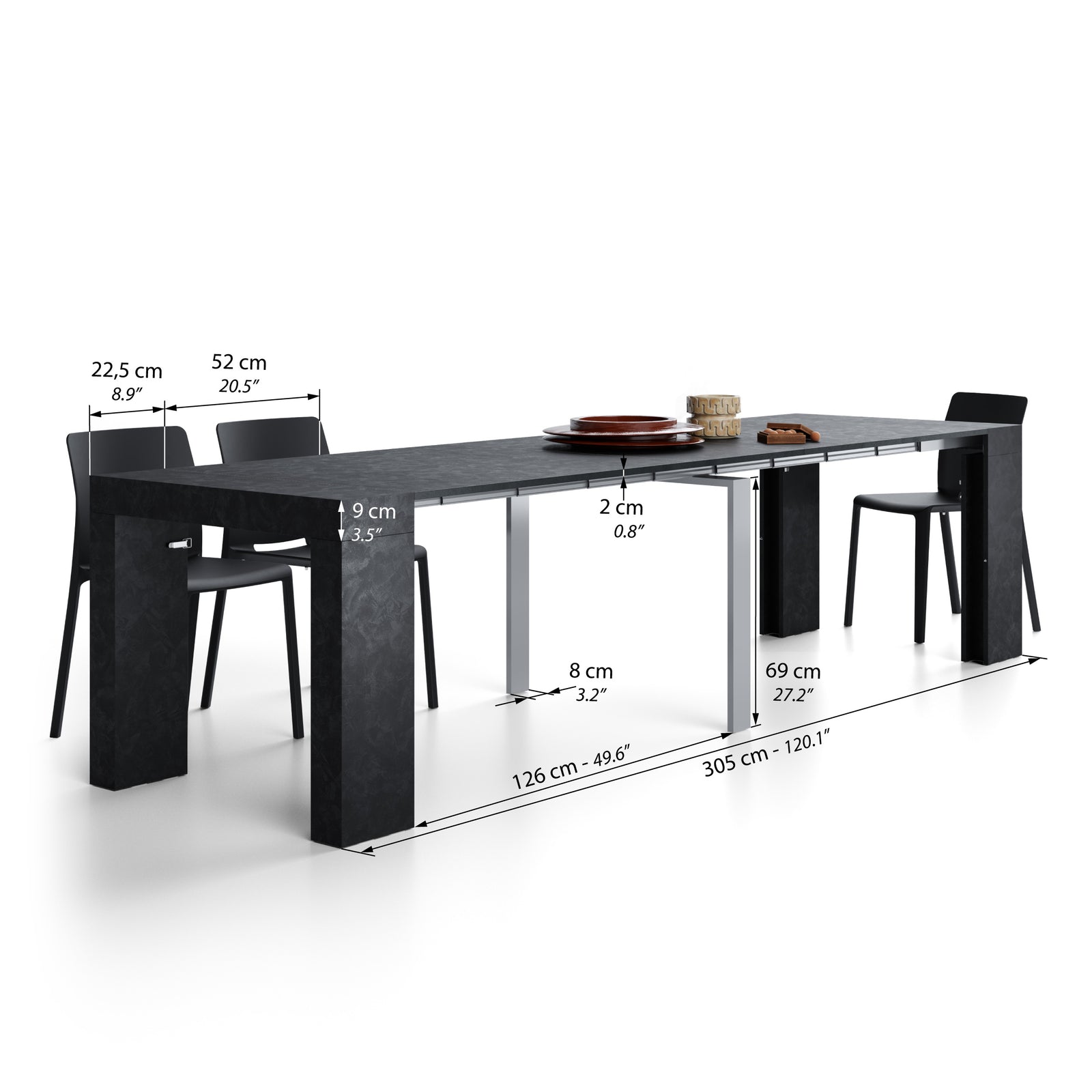 Evolution, ausziehbarer Konsolentisch, 45(305)x90 cm, Schwarzer Beton - Immagine tecnica 2