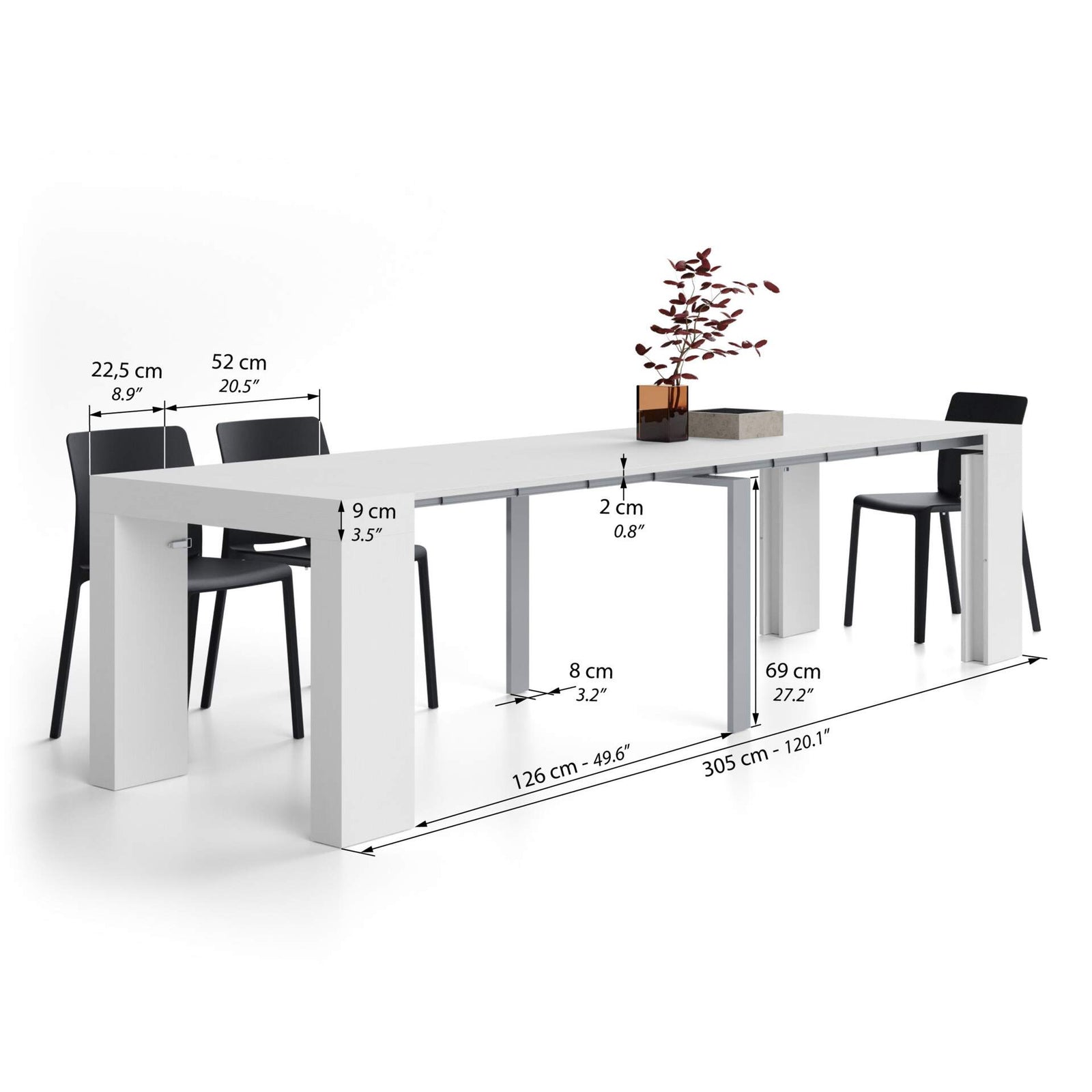 Uitschuifbare Consoletafel Evolution, 45(305)x90 cm, Wit Essen - Immagine tecnica 2