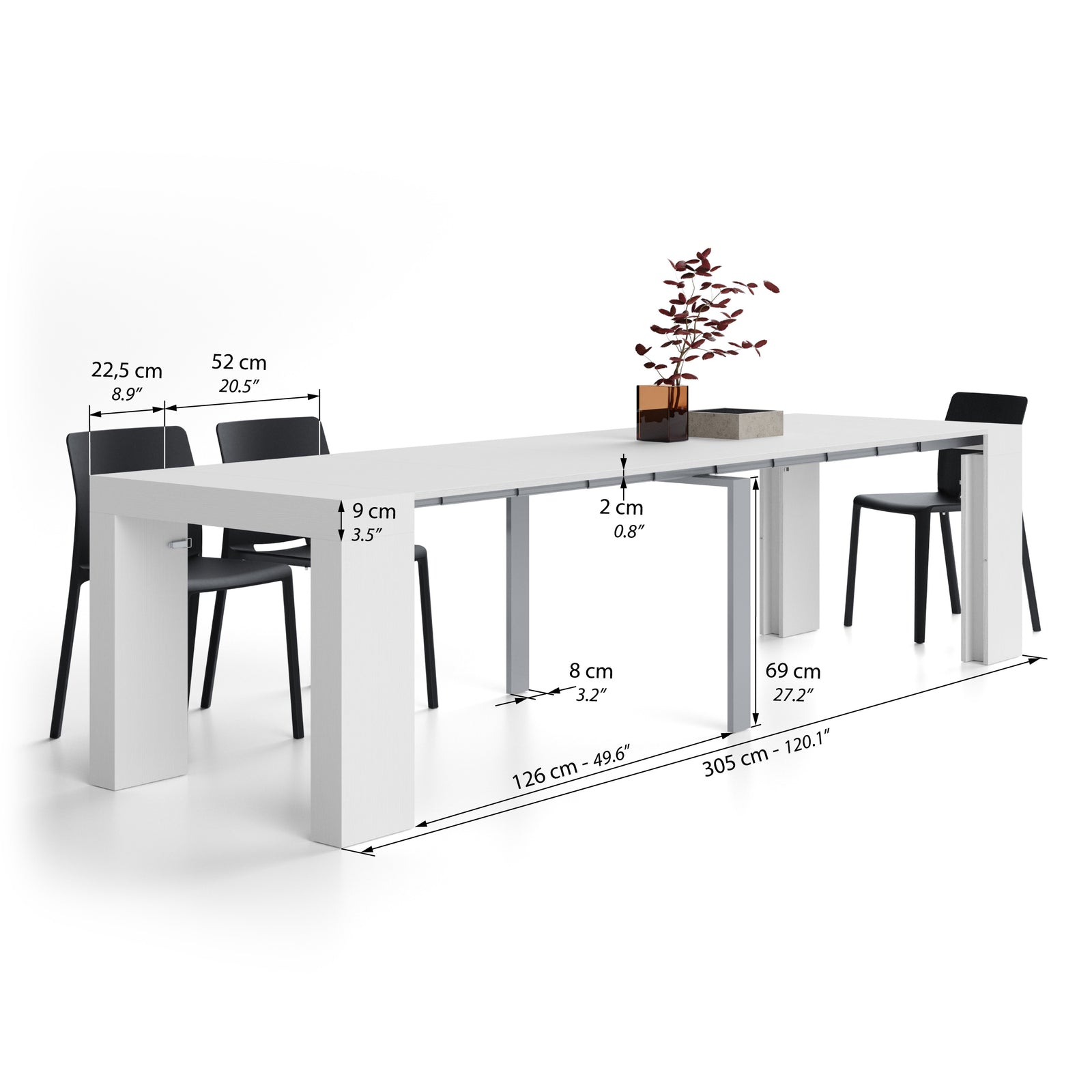 Evolution, Extendable Console Table 45(305)x90 cm, Ashwood White - Immagine tecnica 2
