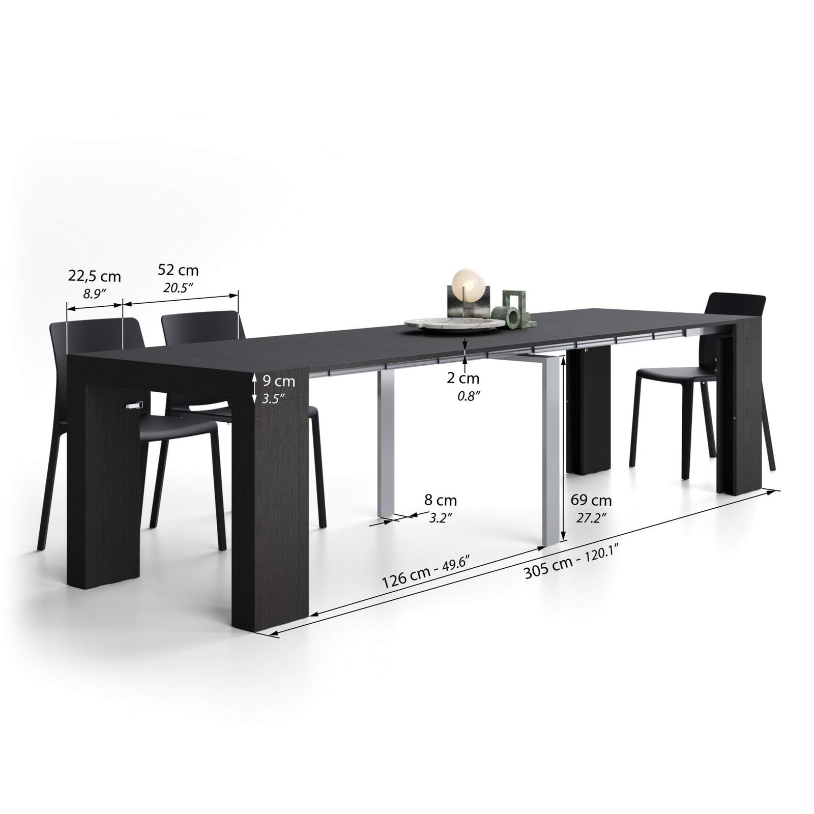 Table Console Extensible Evolution, 45(305)x90 cm, Frêne Noir - Immagine tecnica 2