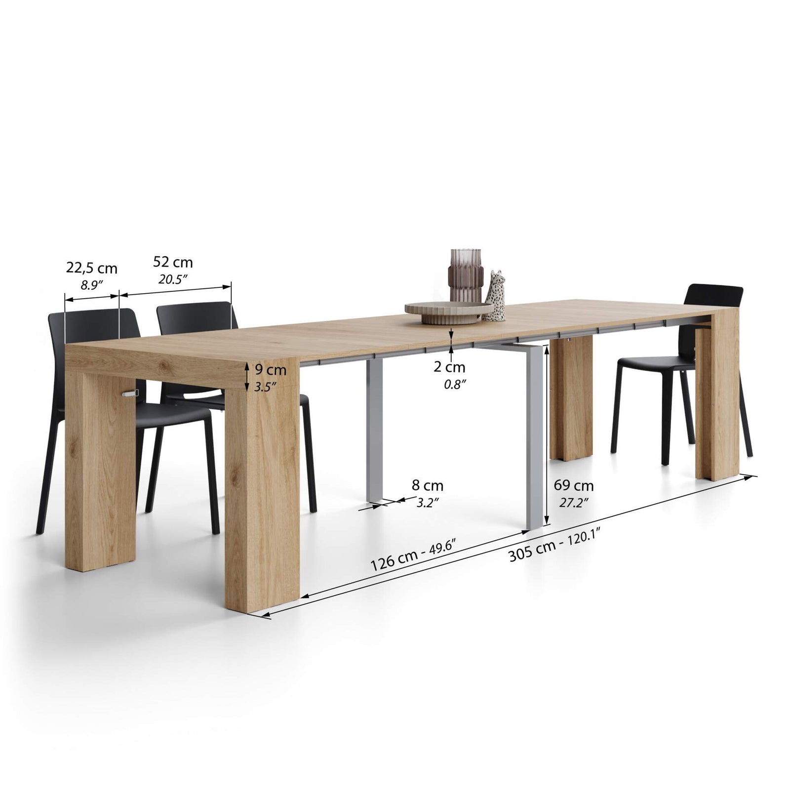Evolution, Extendable Console Table 45(305)x90 cm, Light Oak - Immagine tecnica 2