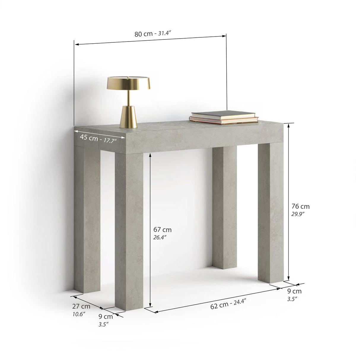 First, Extendable Console Table, 45(310)x80 cm, Concrete Grey Effect - Immagine tecnica 1