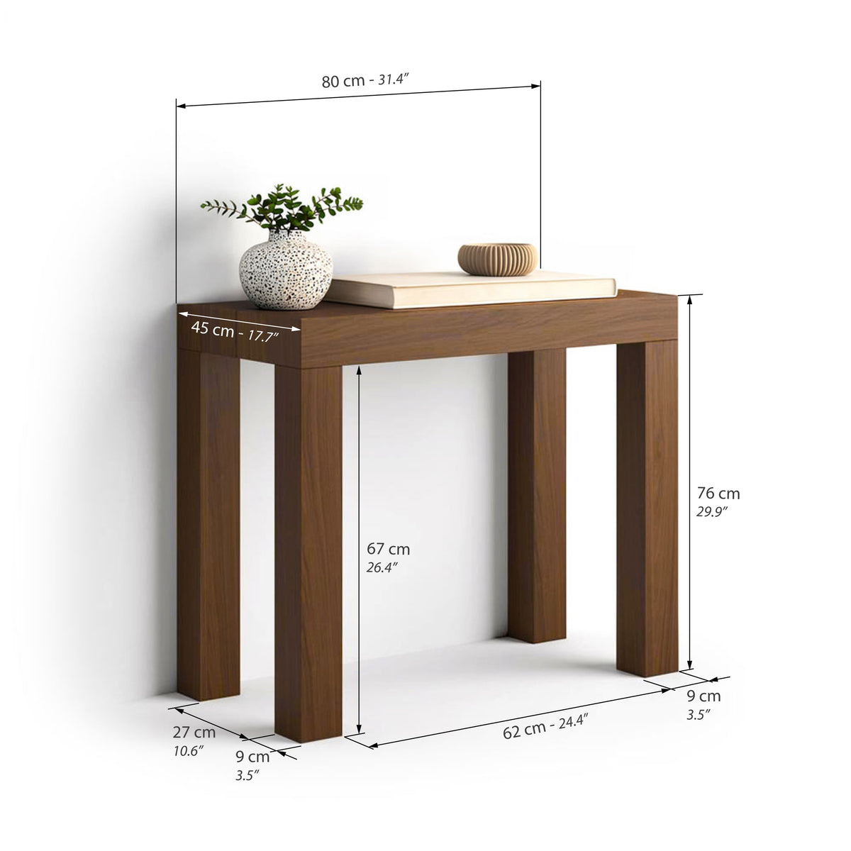 Tavolo Consolle Allungabile First, 45(310)x80 cm, Noce canaletto - Immagine tecnica 1