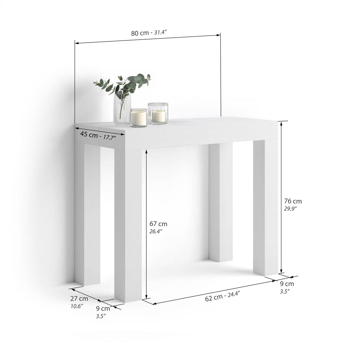 First, Extendable Console Table, 45(310)x80 cm, White Ash - Immagine tecnica 1