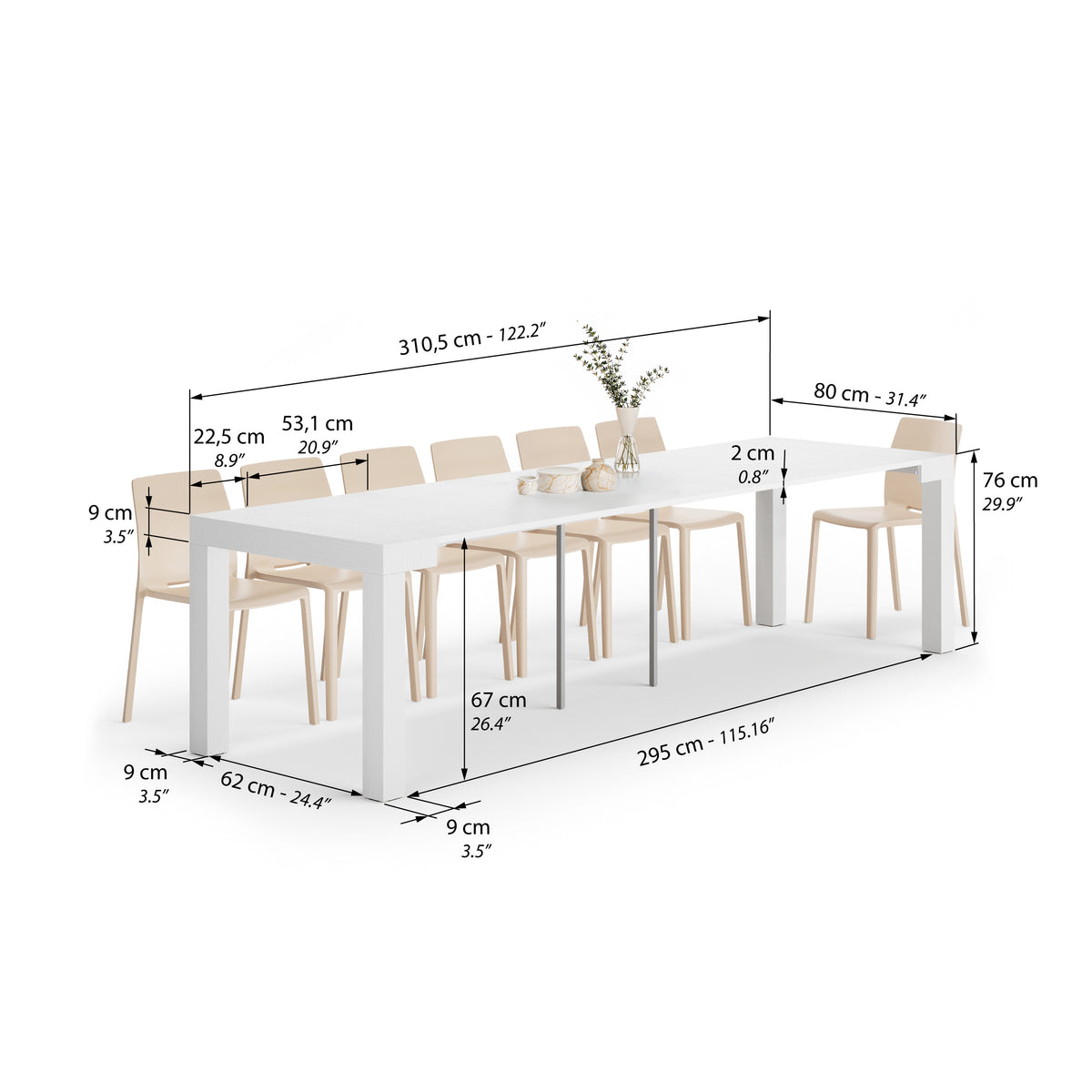 First, Extendable Console Table, 45(310)x80 cm, White Ash - Immagine tecnica 2