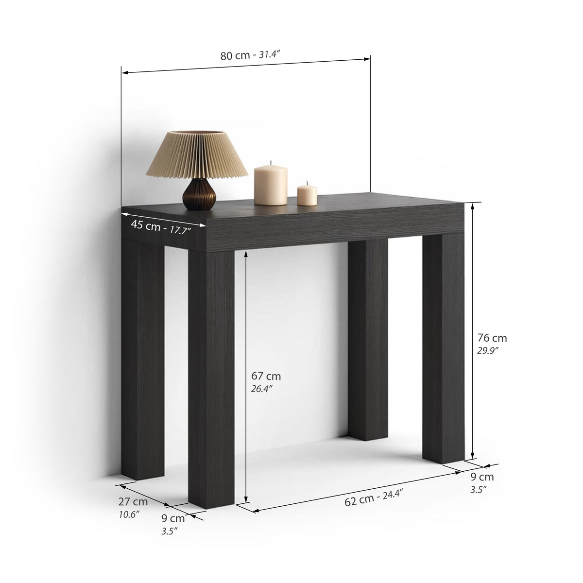 Console extensible First, 45(310)x80 cm, Frêne noir - Immagine tecnica 1