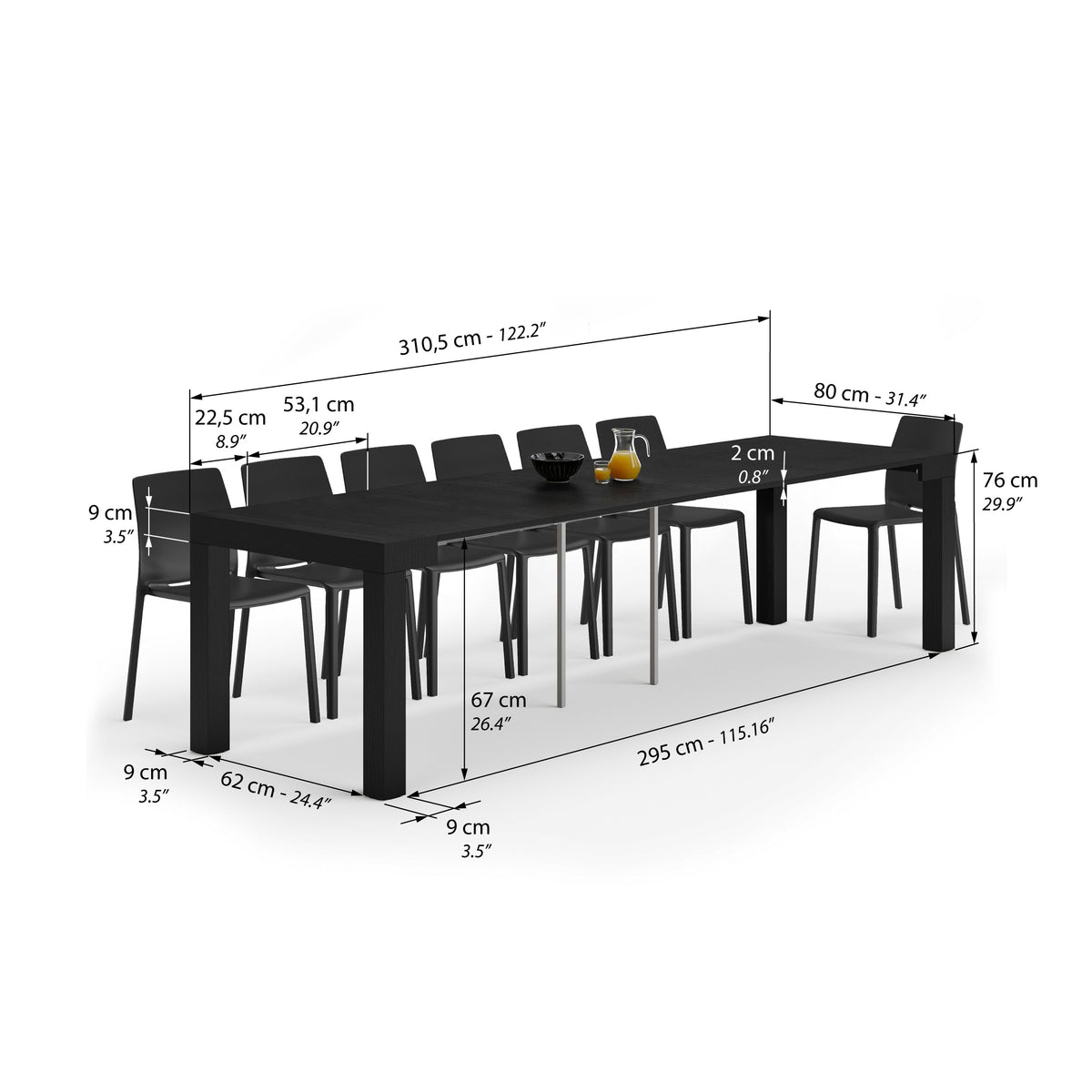 Console extensible First, 45(310)x80 cm, Frêne noir - Immagine tecnica 2