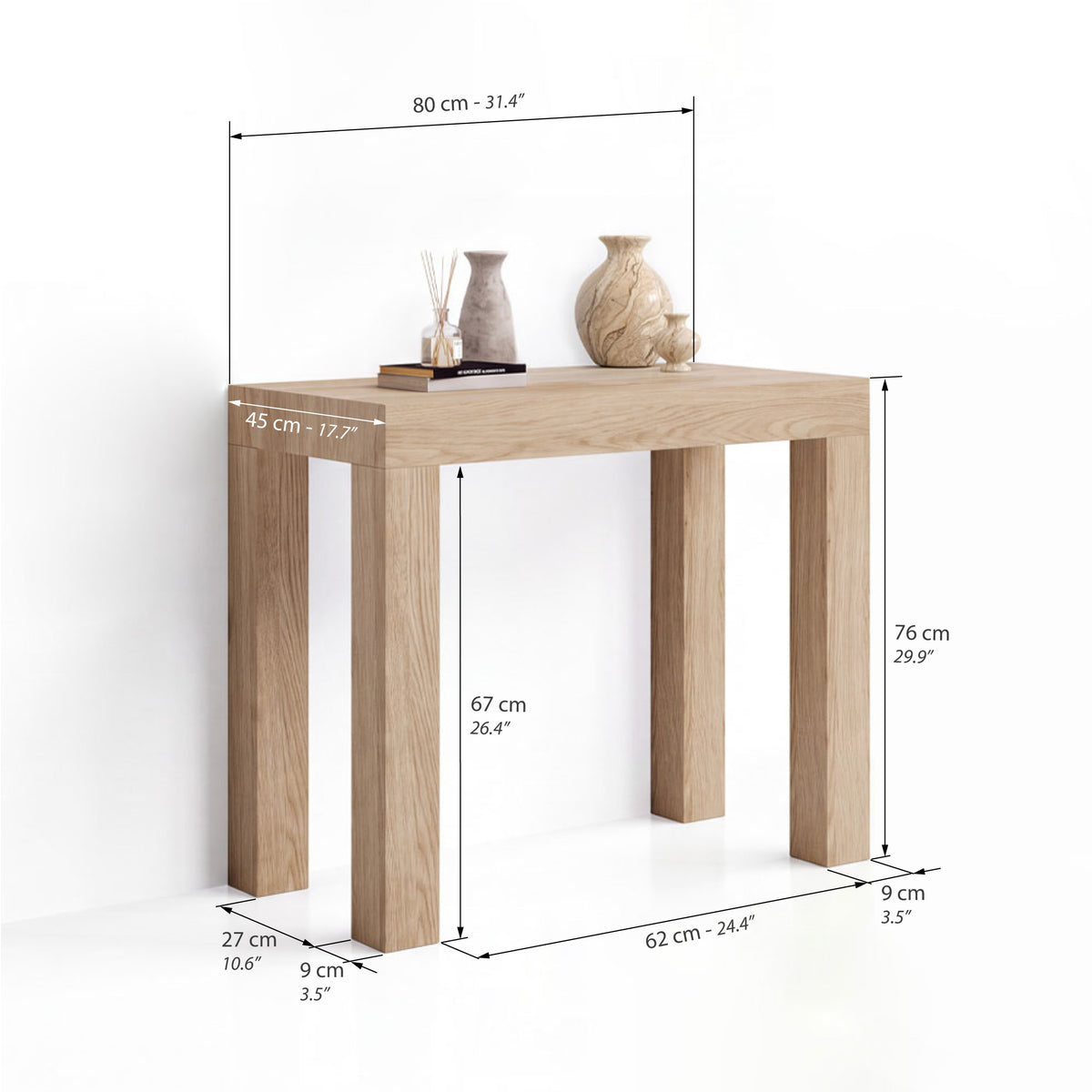 First, Extendable Console Table, 45(310)x80 cm, Light Oak - Immagine tecnica 1