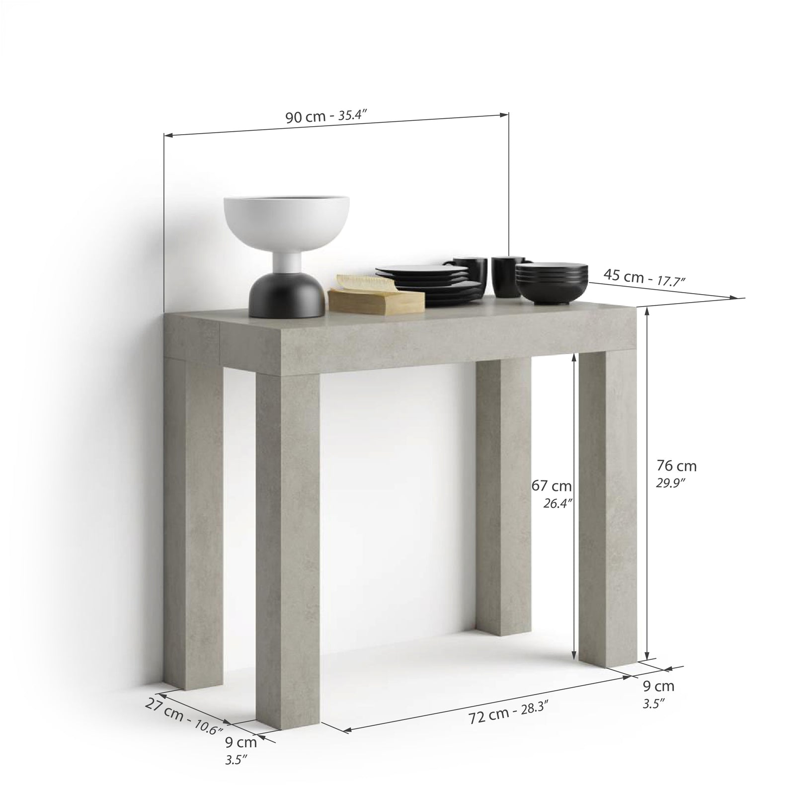 Mesa consola extensible First, 45(305)x90 cm, color Cemento gris - Immagine tecnica 1