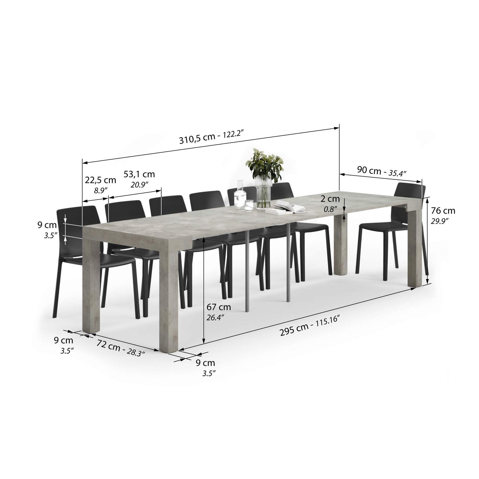 Stół Konsola Rozkładany First, 45(305)x90 cm, Szary Beton - Immagine tecnica 2