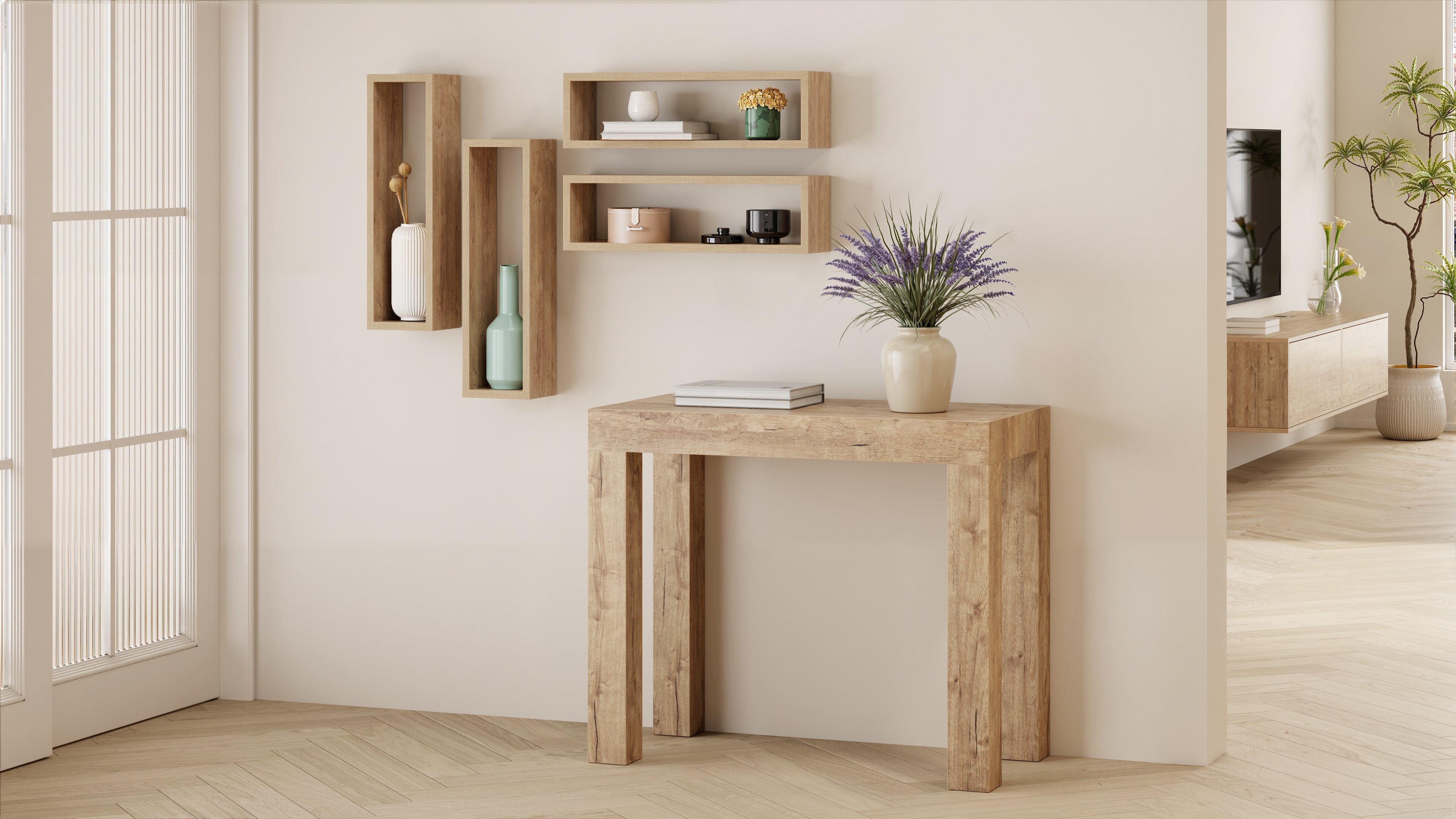 First, ausziehbarer Konsolentisch, 45(305)x90 cm, Eiche - Set image 2