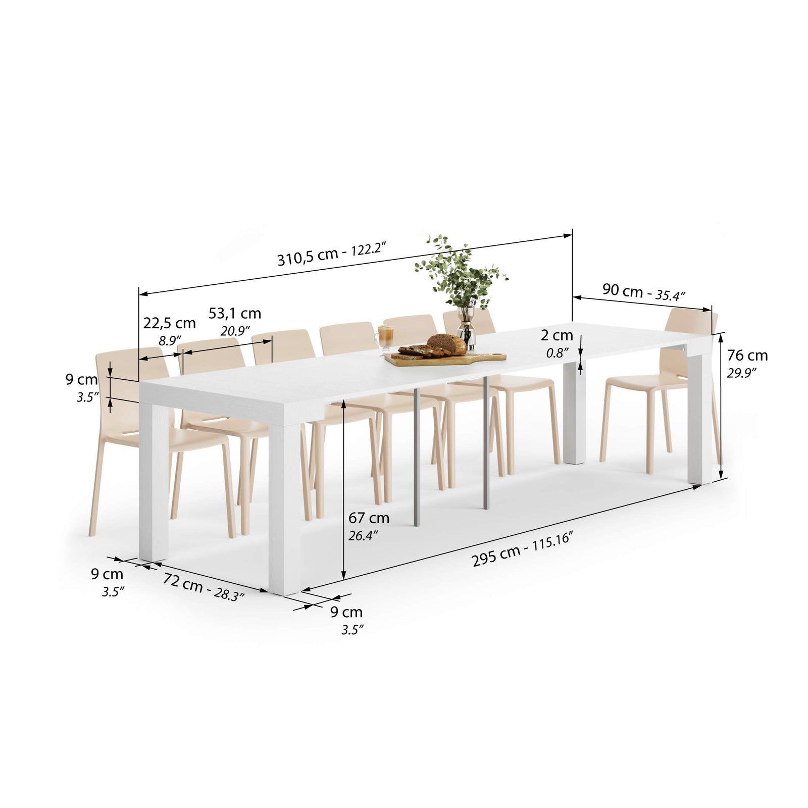 Table Console extensible First, 45(310)x90 cm, Frêne Blanc - Immagine tecnica 2