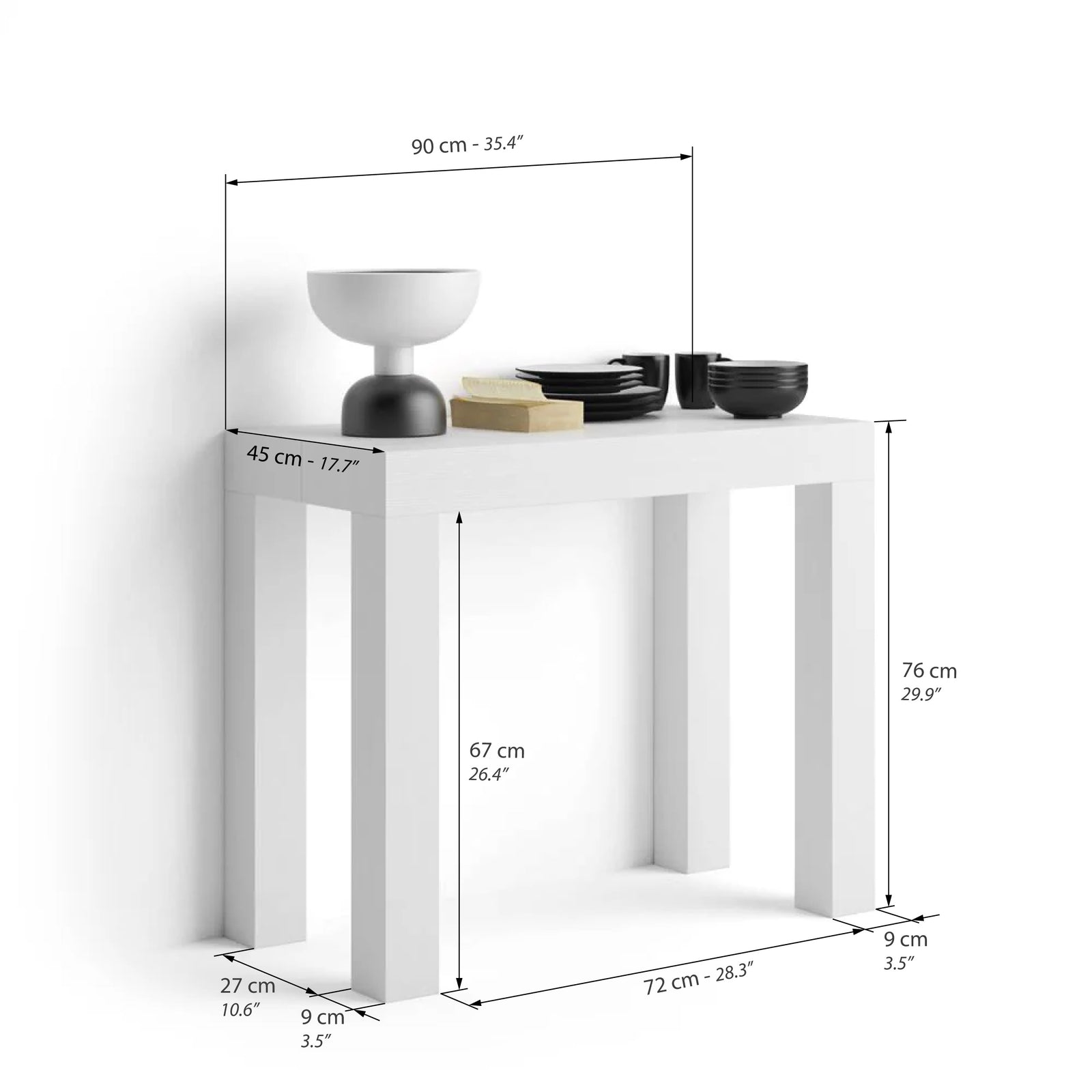 Table Console extensible First, 45(310)x90 cm, Frêne Blanc - Immagine tecnica 1