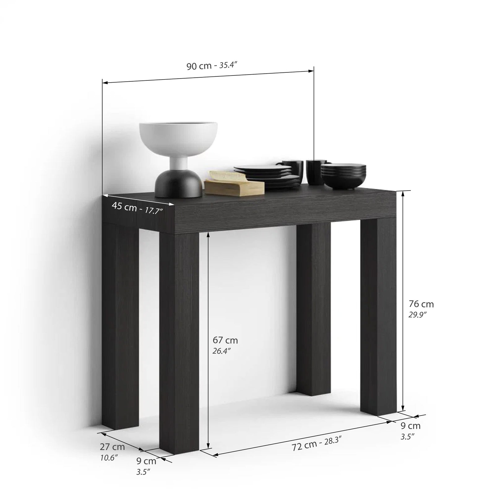 First, Extendable Console Table 17.7(120)x35.4 in, Ashwood Black - Immagine tecnica 1