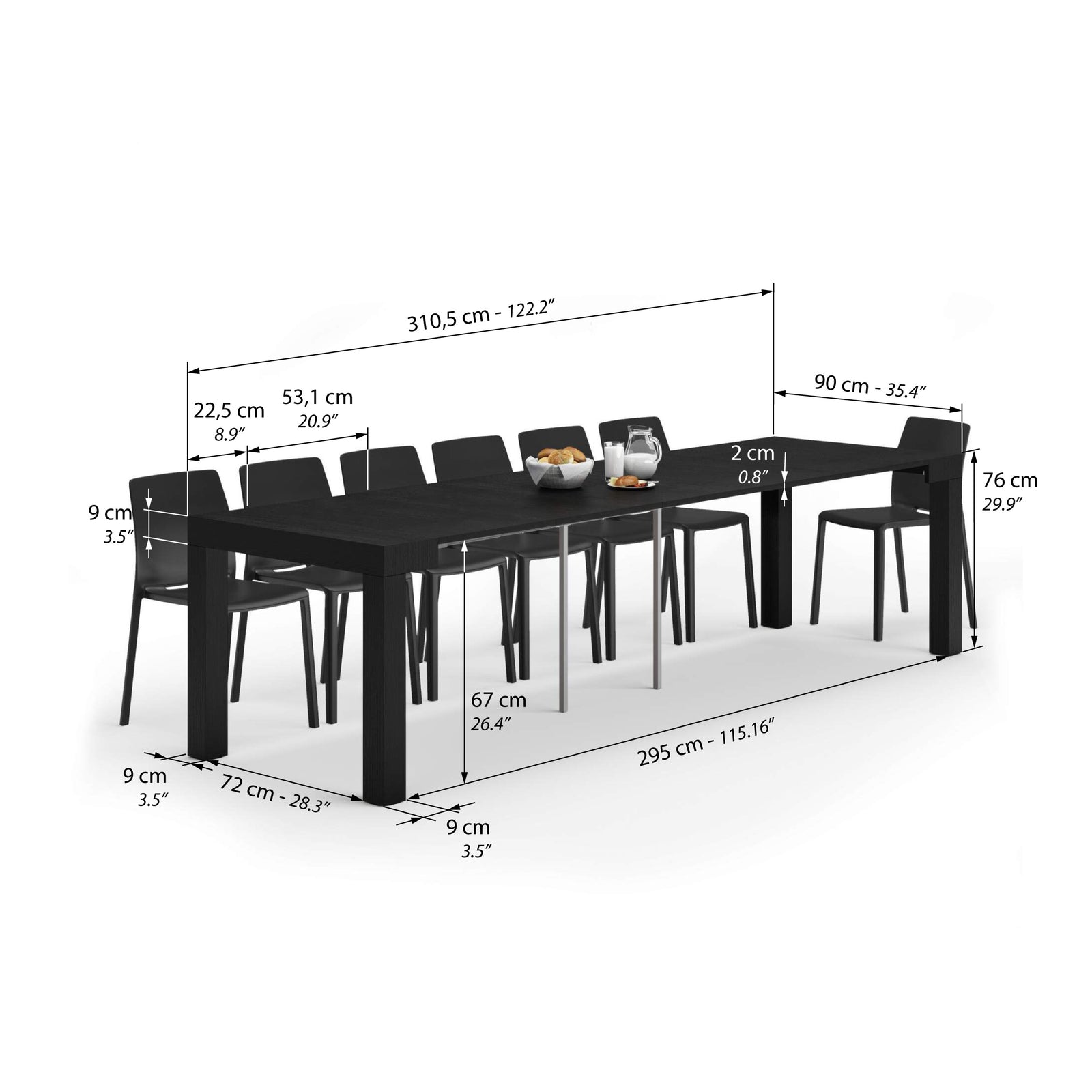 First, Extendable Console Table 17.7(120)x35.4 in, Ashwood Black - Immagine tecnica 2