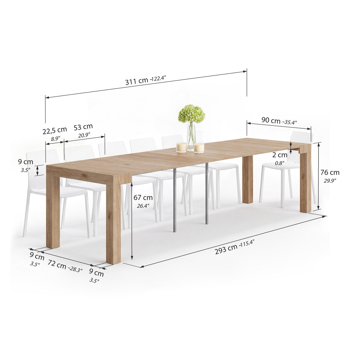Table Console extensible First, 45(310)x90 cm, Chêne Clair - Immagine tecnica 2