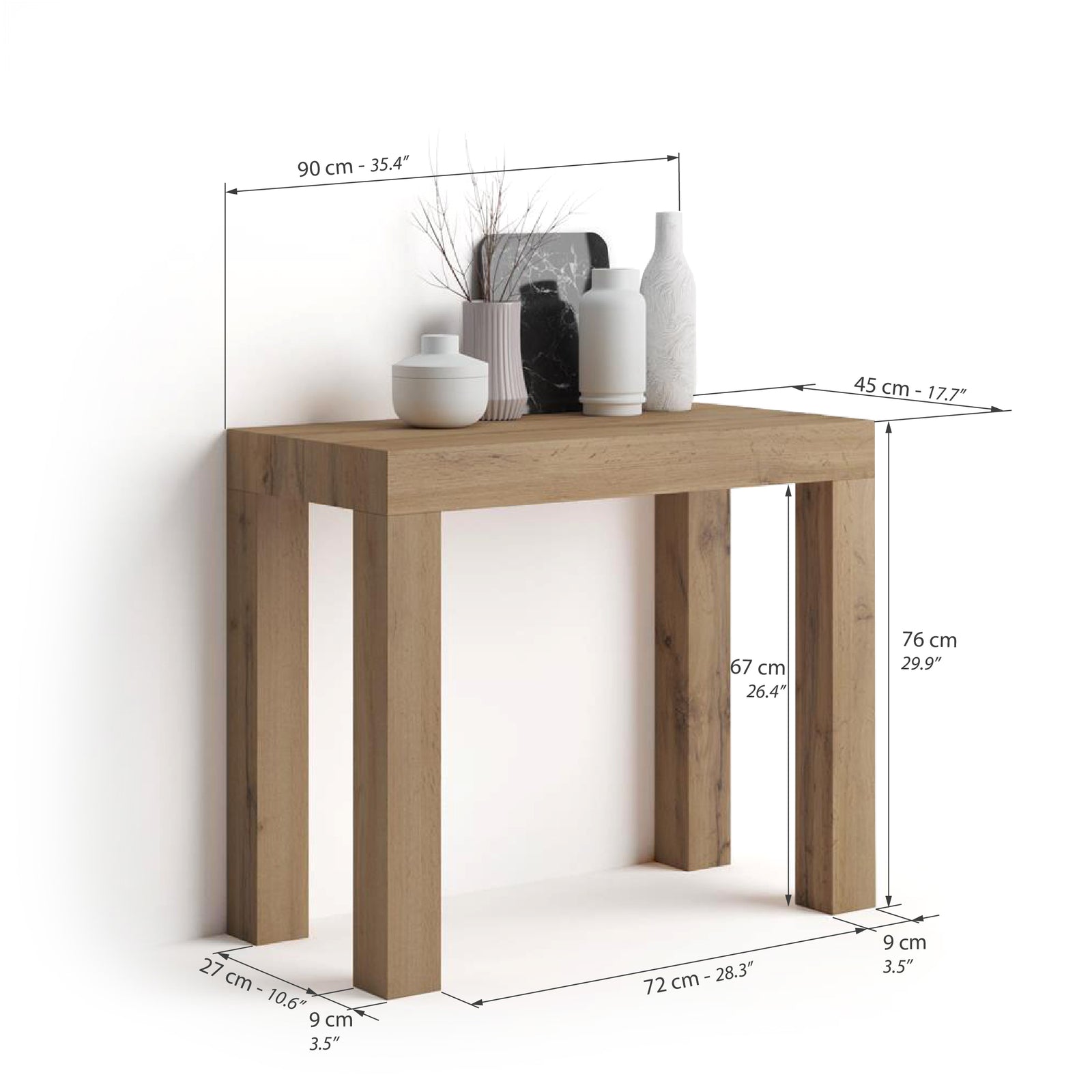 First, Extendable Console Table, 45(310)x90 cm, Rustic Oak - Immagine tecnica 1