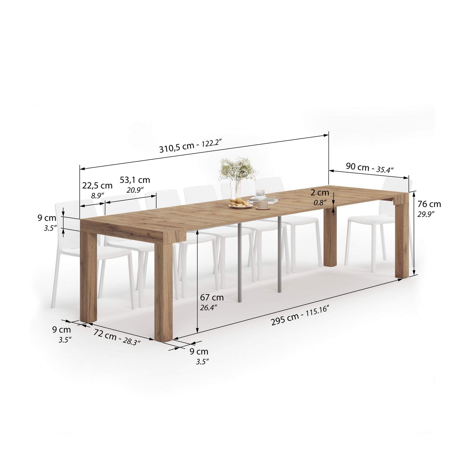 Stół Konsola Rozkładany First, 45(310)x90 cm, Dąb Rustykalny - Immagine tecnica 2