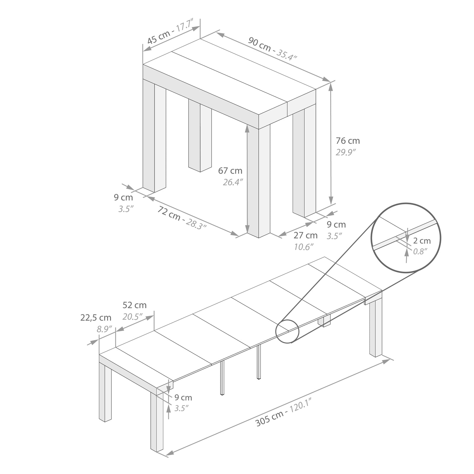 Table Console extensible First, 45(305)x90 cm, Frêne Blanc - Immagine tecnica 1