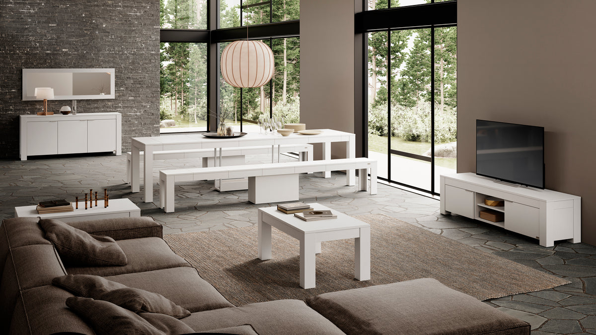 Rachele Extendable Console Table 46(306)x90 cm, 2 Extendable Benches 67,5(292)x35 cm, Ashwood White - Set image 1