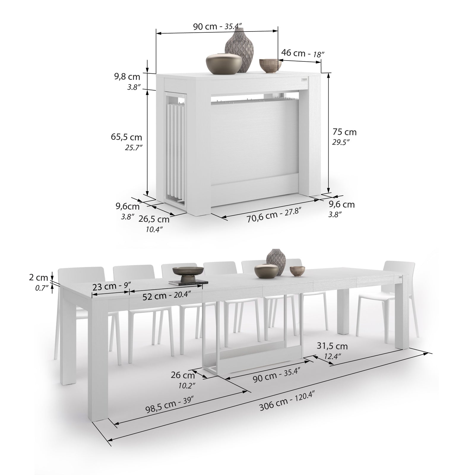 Extendable Console Table with extension leaves holder, Rachele, 45(306)x 90 cm, Ashwood White - Immagine tecnica 1