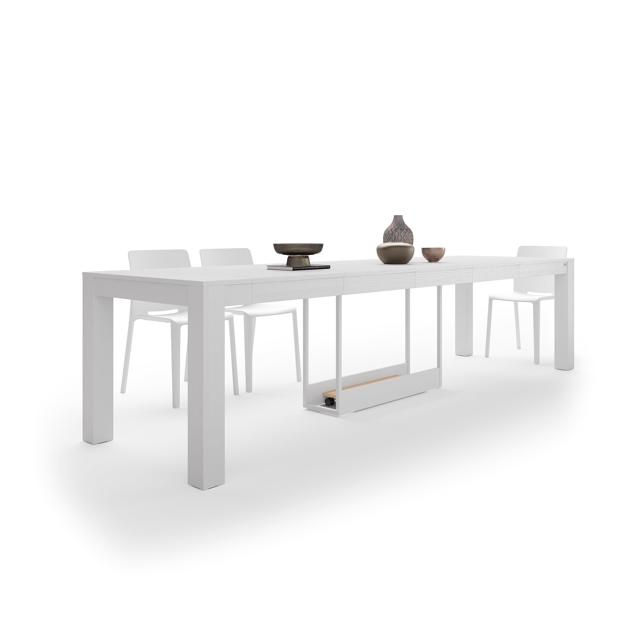 Table Console Extensible avec rallonges intégrées, Rachele, 46(306)x90 cm, Frêne Blanc