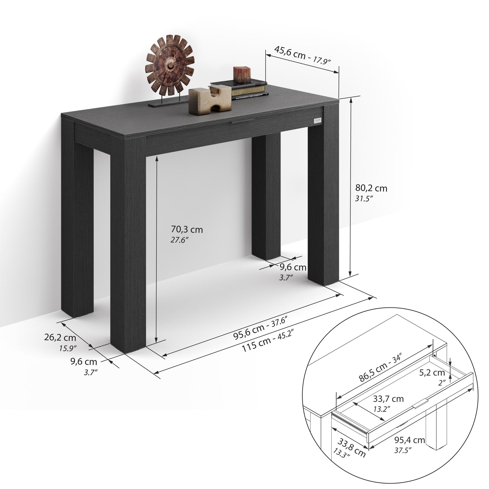 Hallway Console Table Rachele 115x45 cm, Ashwood Black - Immagine tecnica 1
