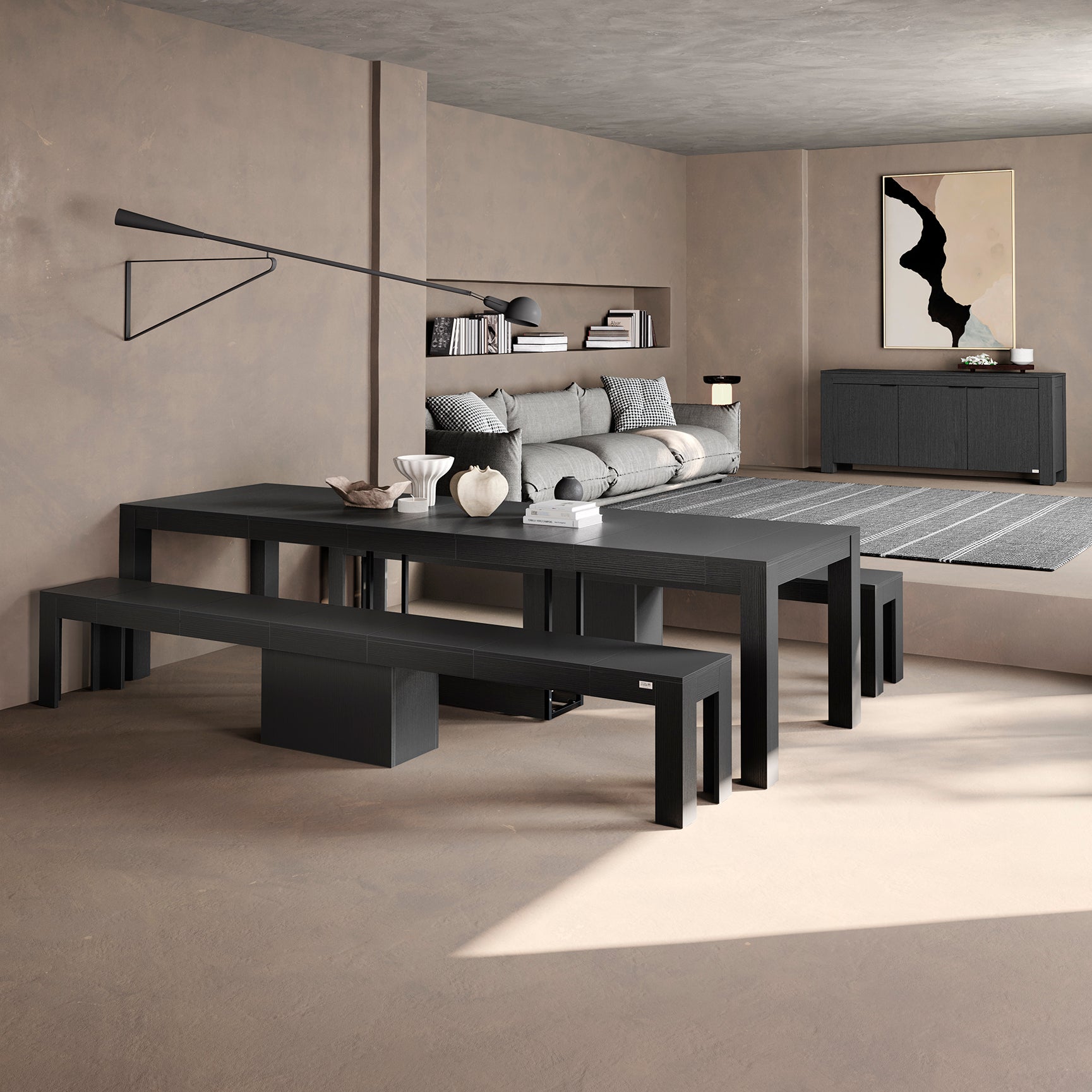 Ausziehbarer Konsolentisch Rachele mit Halterung für Verlängerungsplatten, 46(306)x90 cm, Esche Zwart - Set image 1