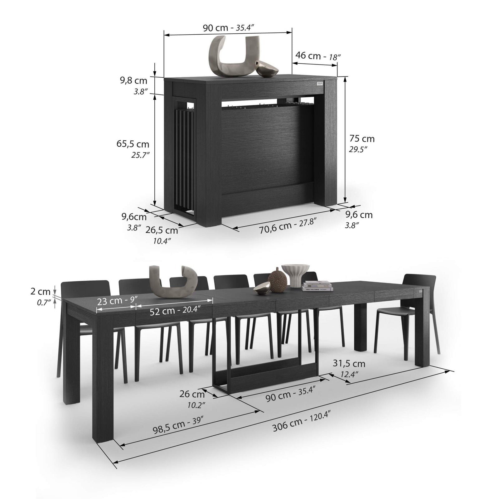 Ausziehbarer Konsolentisch Rachele mit Halterung für Verlängerungsplatten, 46(306)x90 cm, Esche Zwart - Immagine tecnica 1