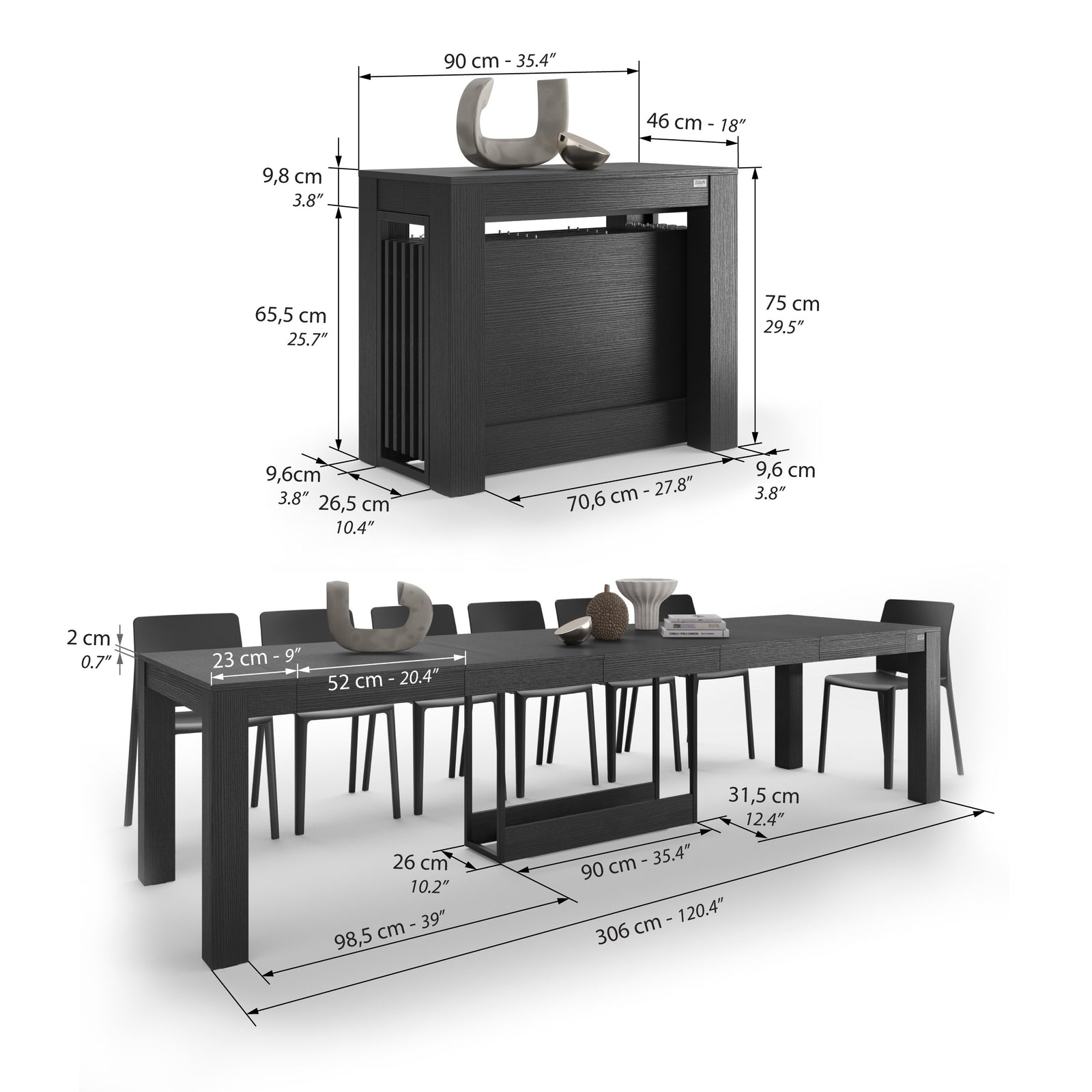 Uitschuifbare consoletafel Rachele met opbergvak voor verlengbladen, 46(306)x90 cm, Zwart Essen - Immagine tecnica 1