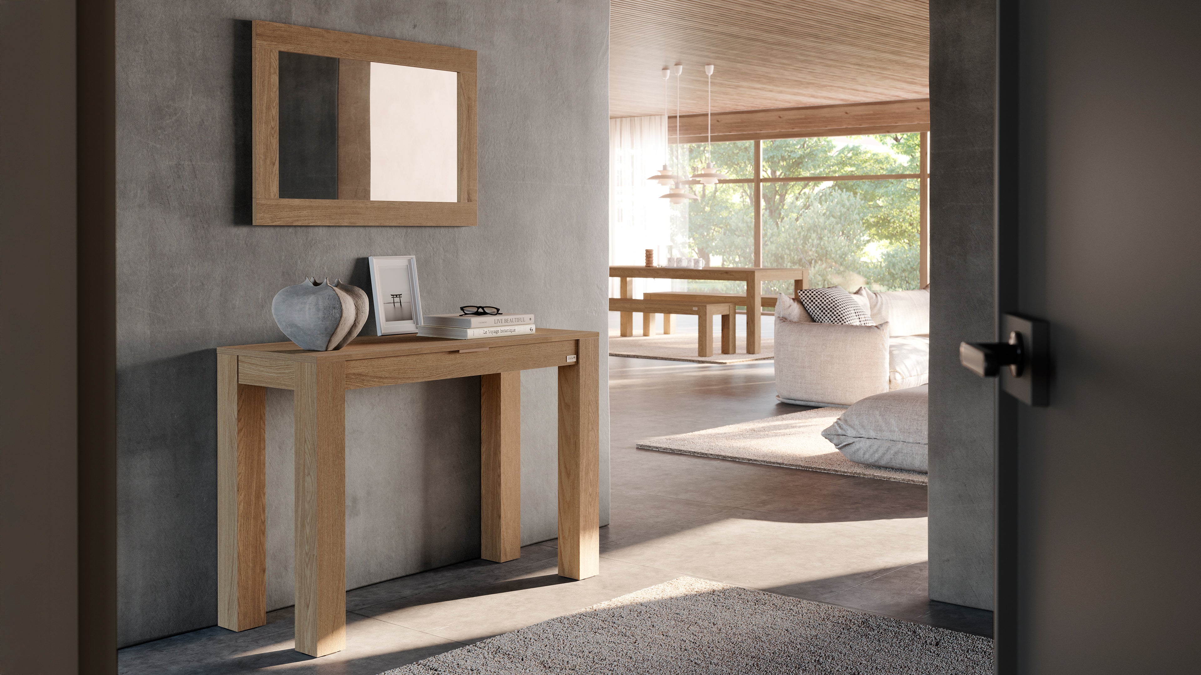 Console d'entrée avec tiroir Rachele, 115x45 cm, Chêne Clair - Set image 2